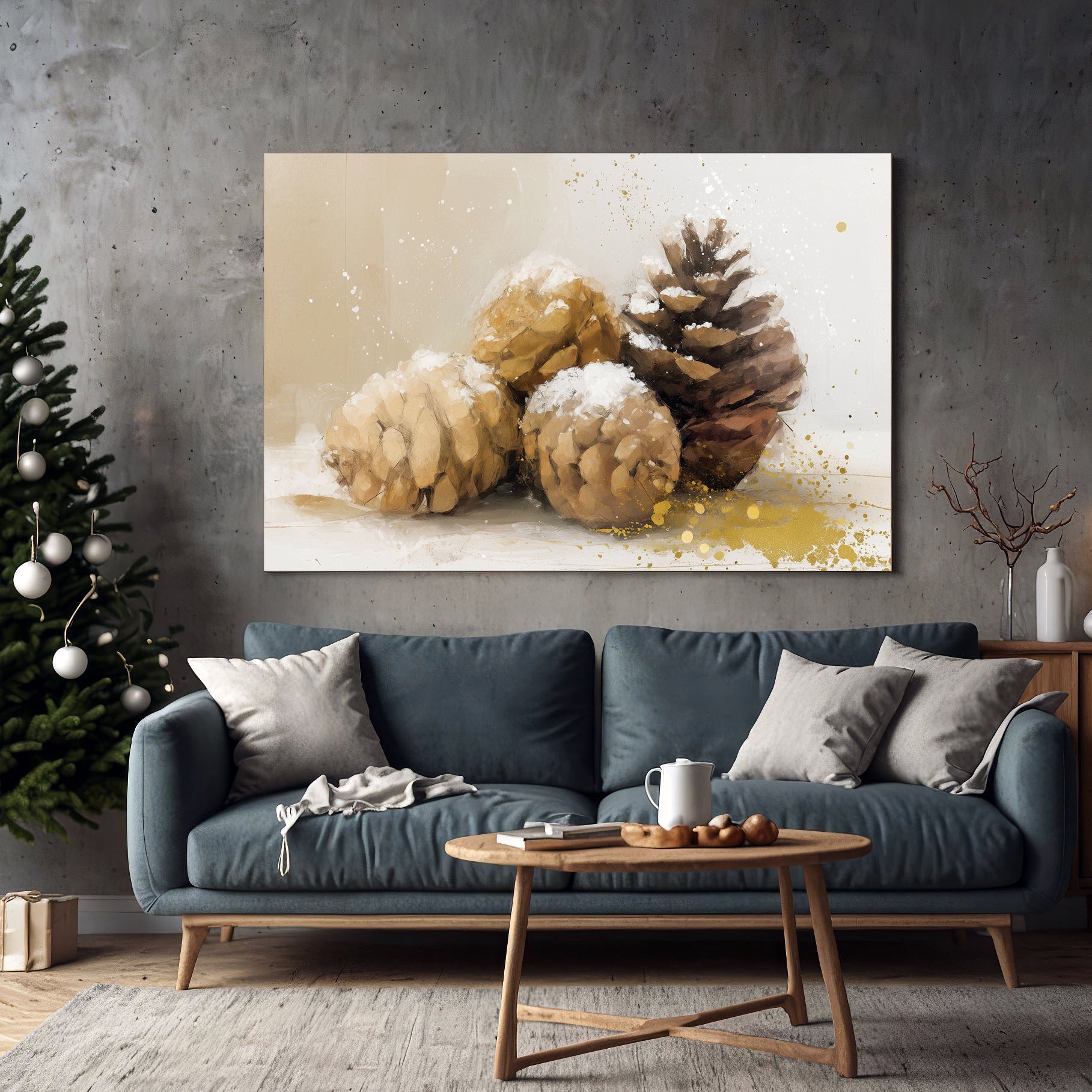snow-dusted pinecones wall art with gold splashes and neutral winter background