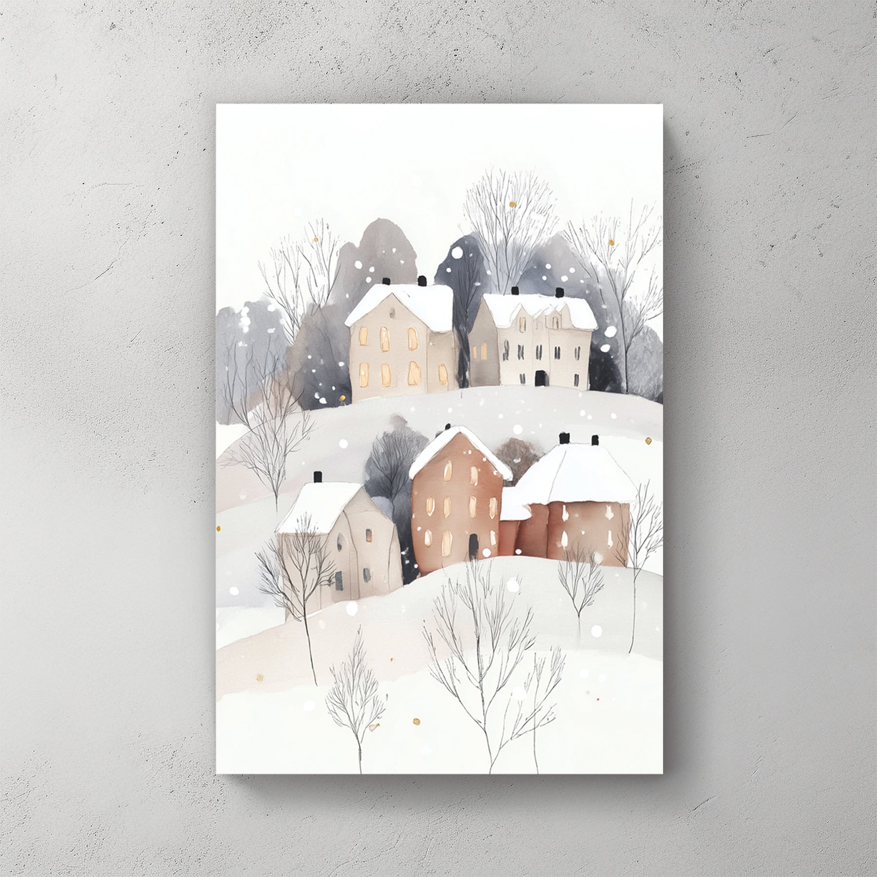 snowy hillside village wall art with glowing windows and minimalist winter trees