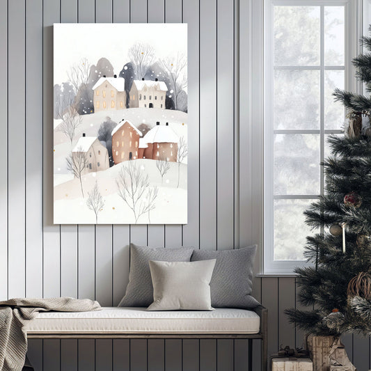 snowy hillside village wall art with glowing windows and minimalist winter trees