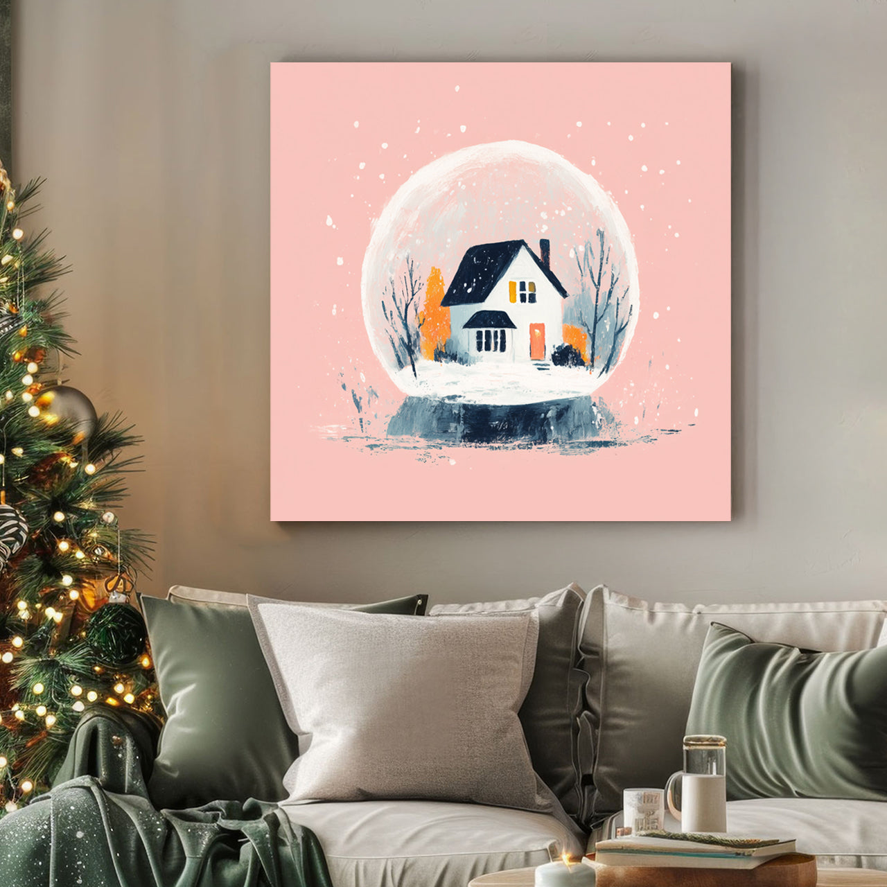 modern snow globe wall art with winter cottage on pink background