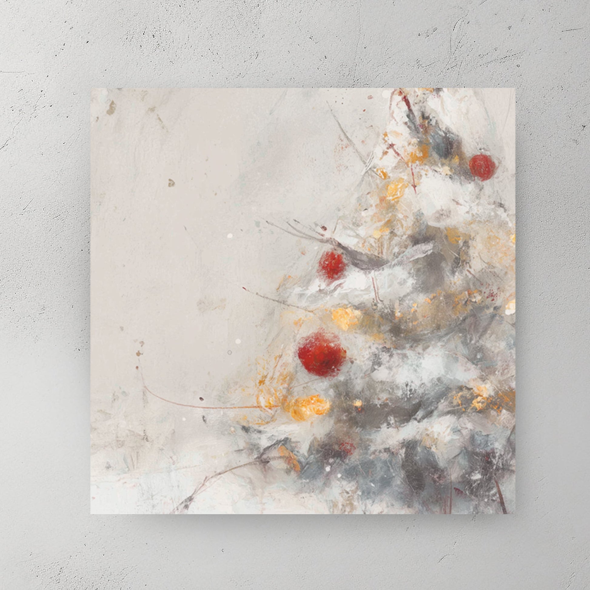 minimalist Christmas tree wall art with red and gold ornaments on snowy branches