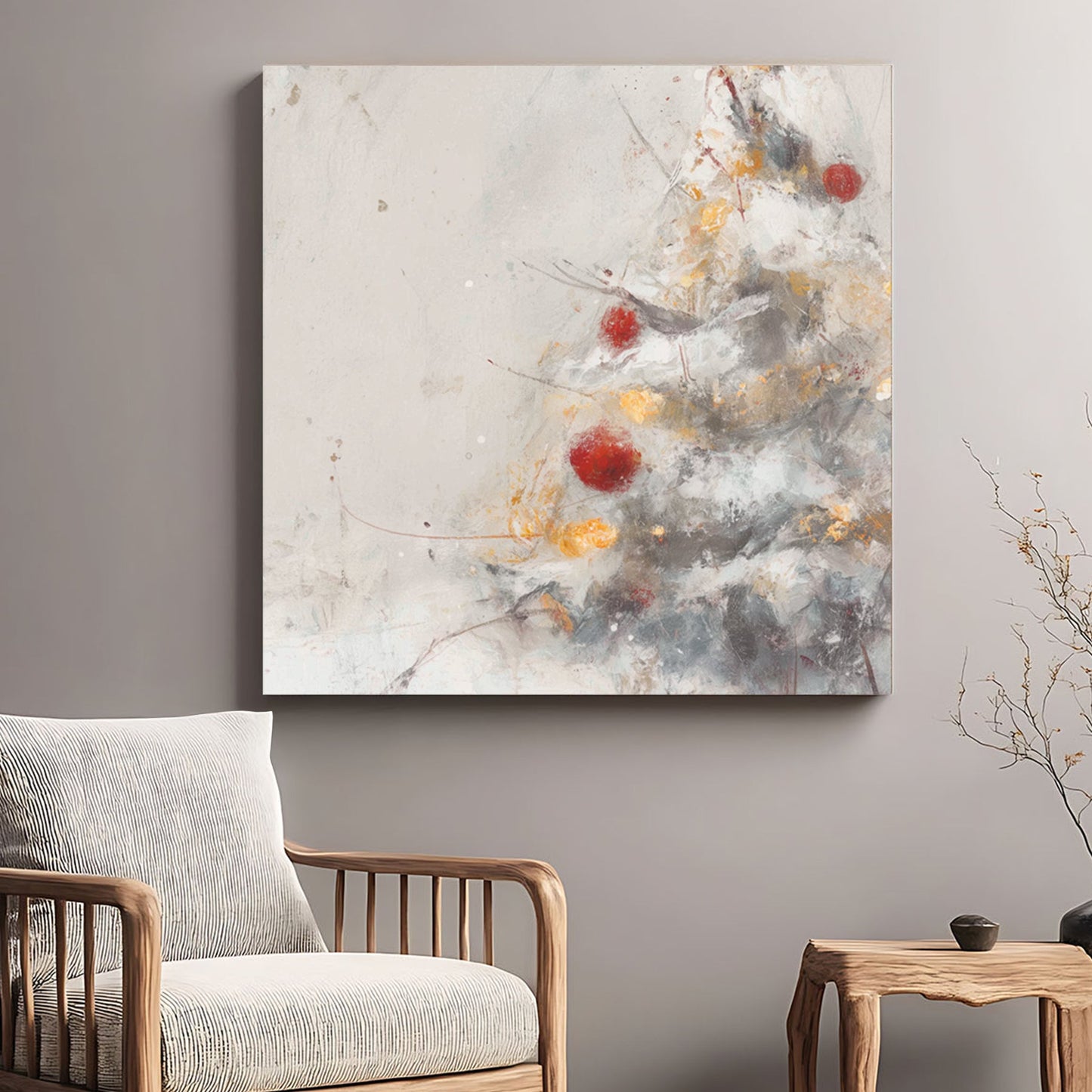 minimalist Christmas tree wall art with red and gold ornaments on snowy branches