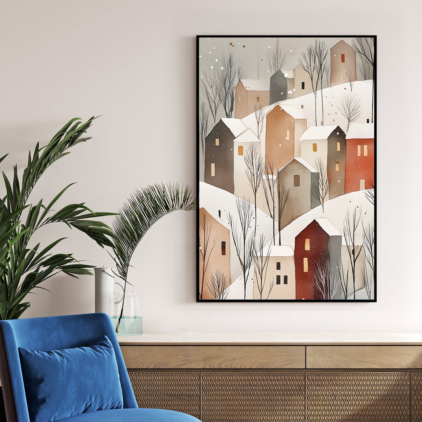 snowy hillside cottages wall art with warm lights and minimalist winter trees