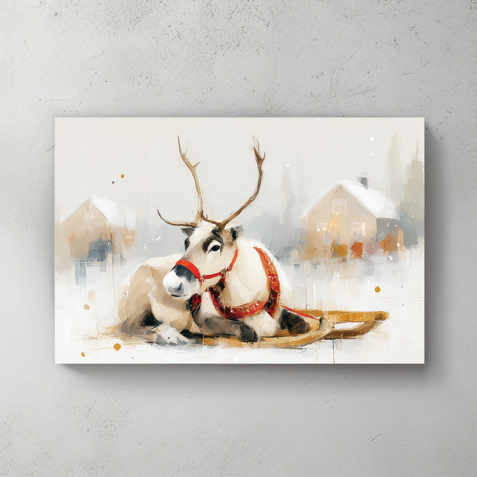 resting reindeer wall art with red harness and snowy village background