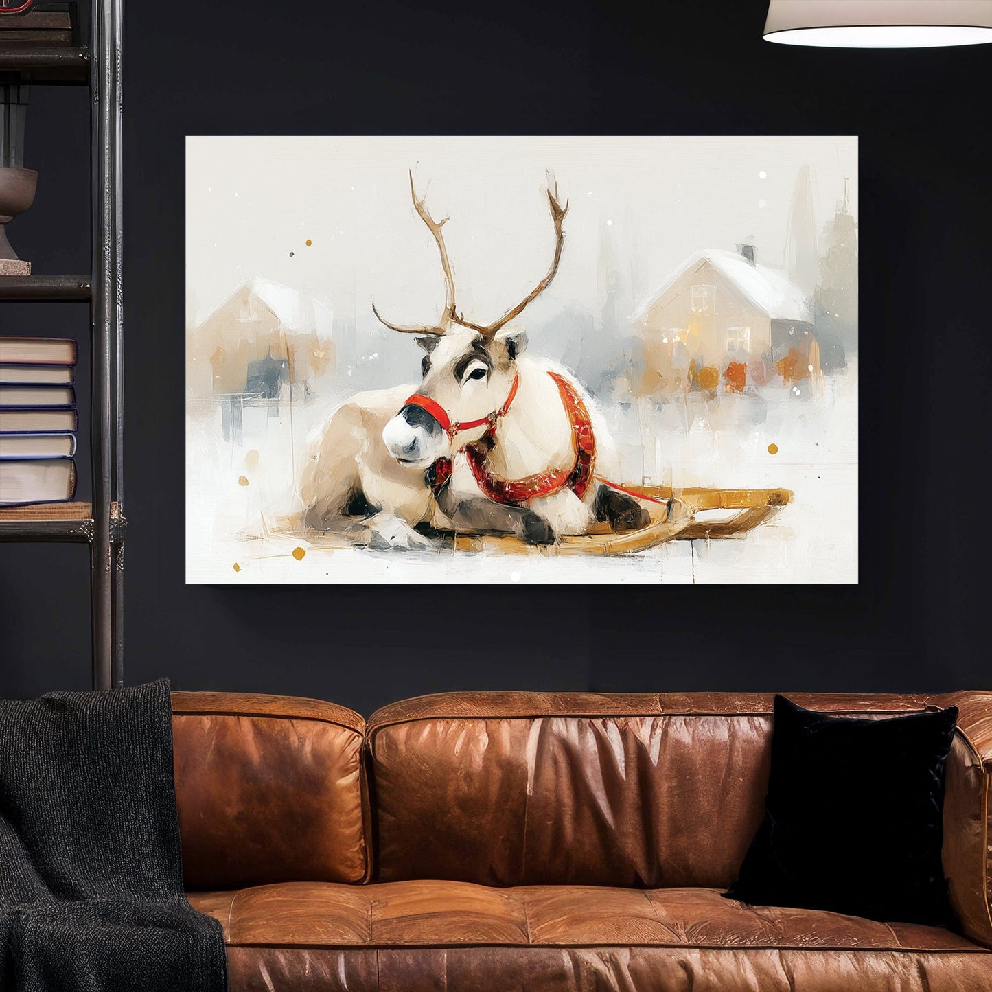 resting reindeer wall art with red harness and snowy village background