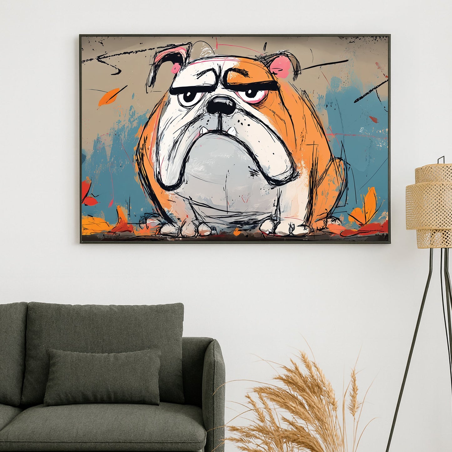 grumpy bulldog wall art with graffiti sketch style and autumn colours