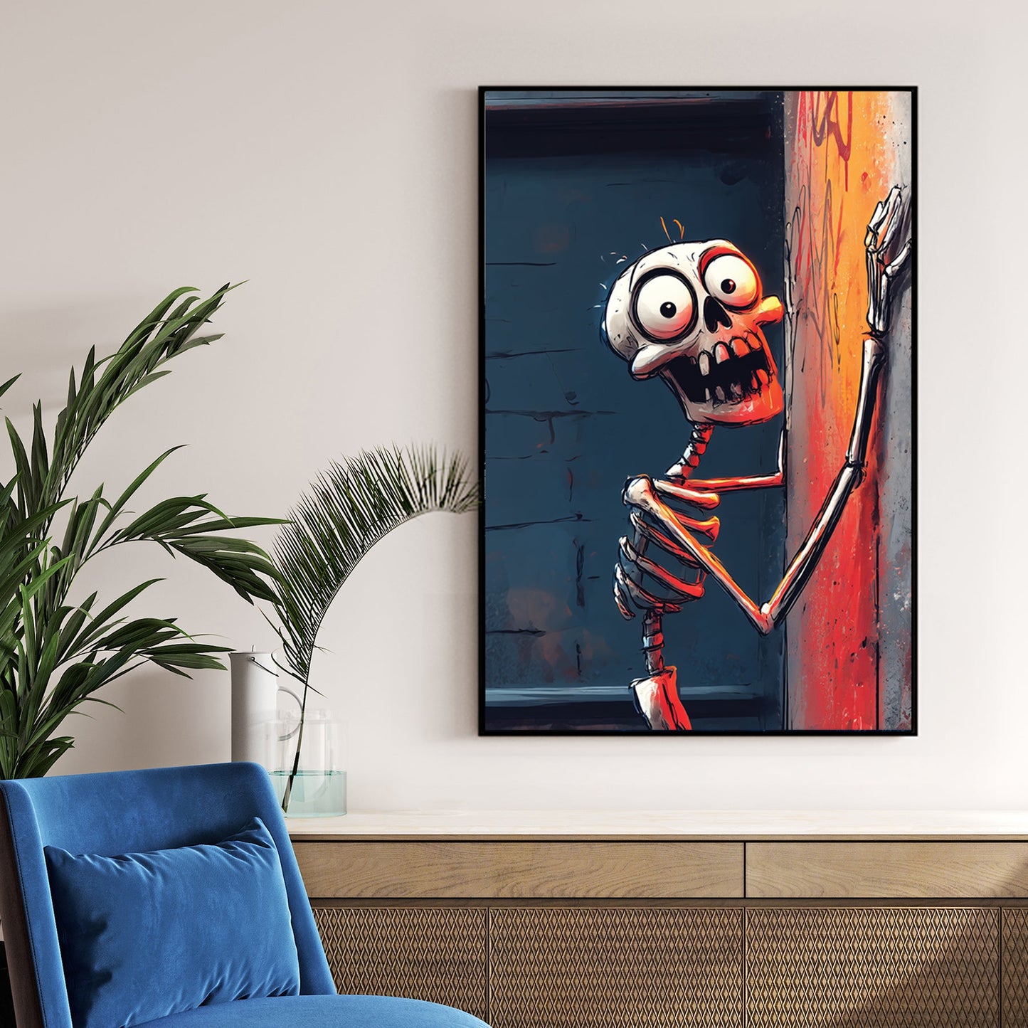 graffiti style skeleton wall art gripping alley wall with dramatic orange lighting