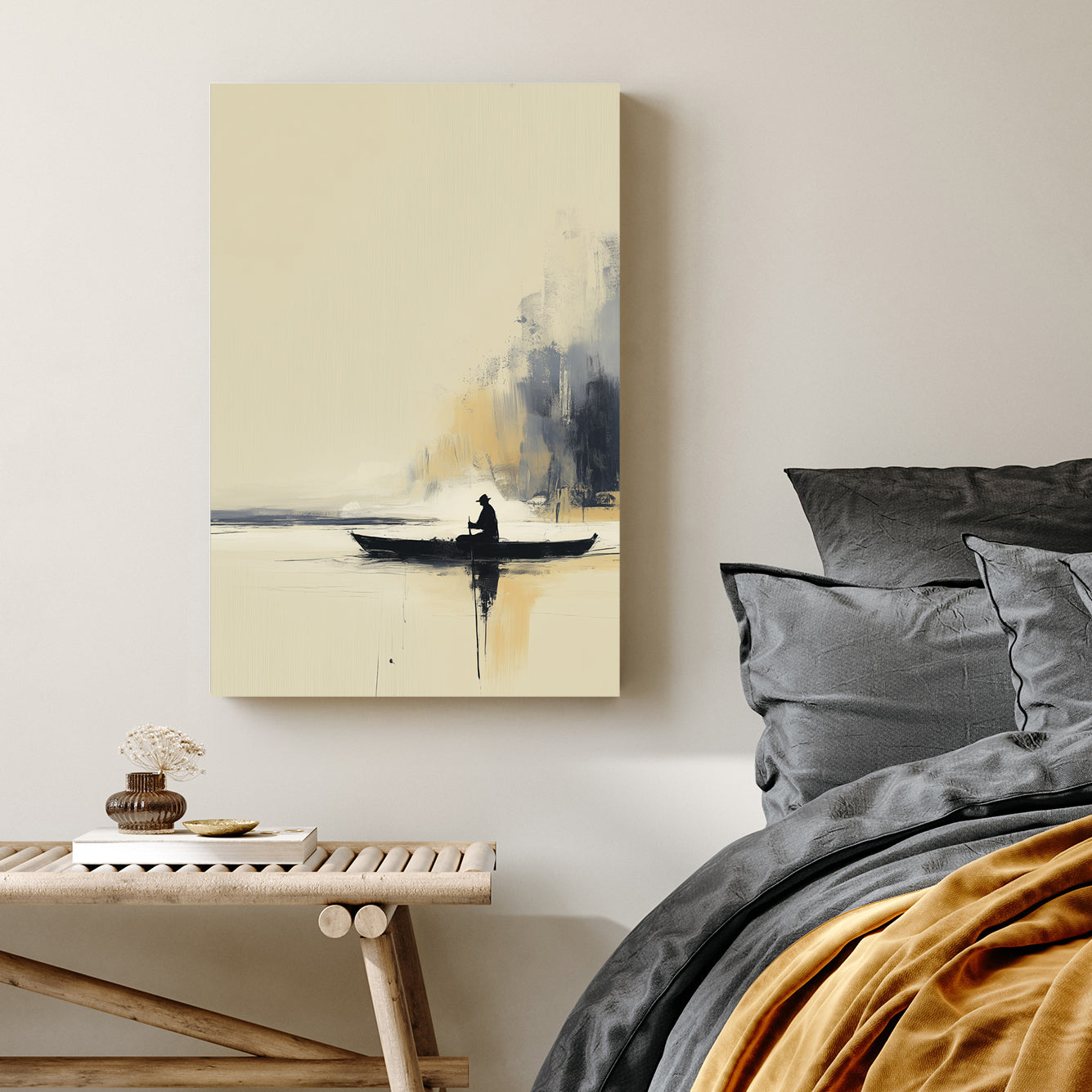 minimal lake boat wall art with lone figure paddling on calm water against a misty golden backdrop