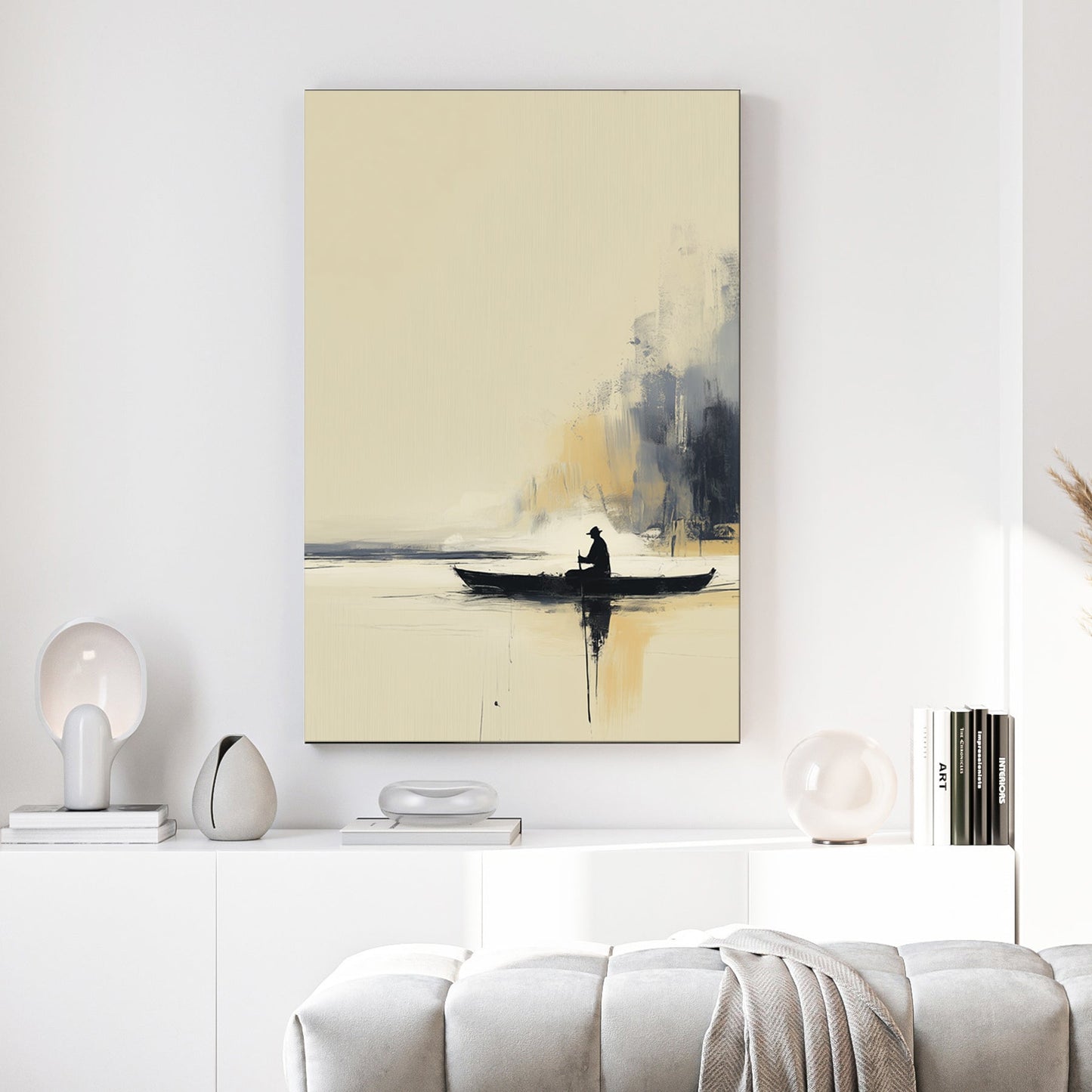 minimal lake boat wall art with lone figure paddling on calm water against a misty golden backdrop