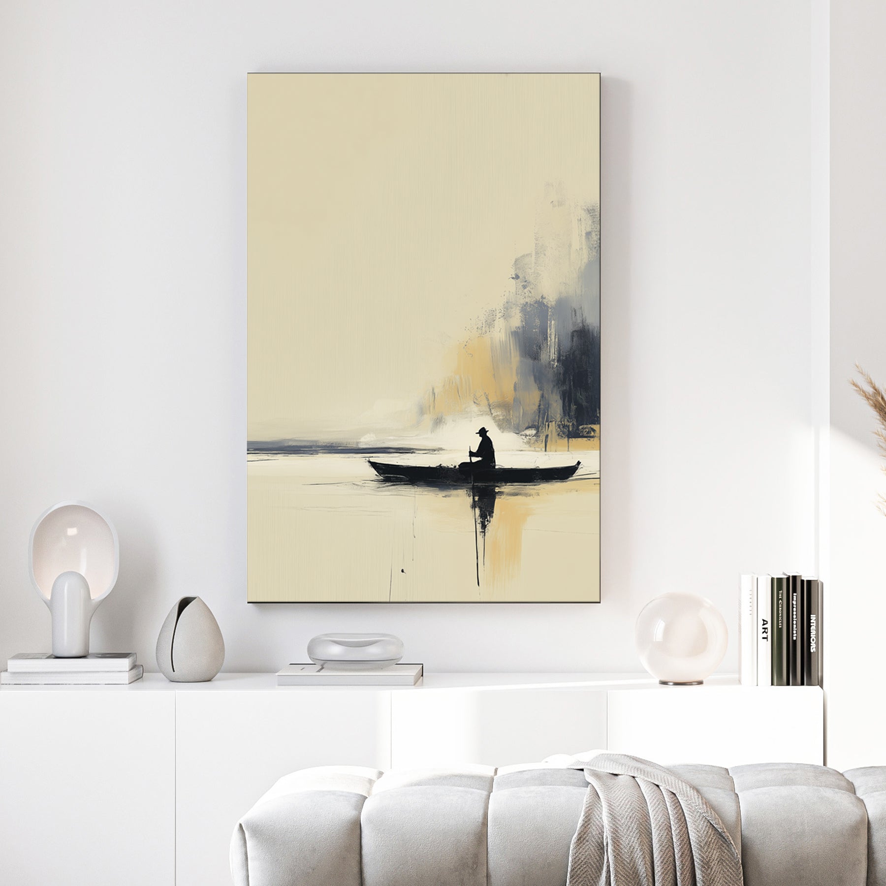 minimal lake boat wall art with lone figure paddling on calm water against a misty golden backdrop