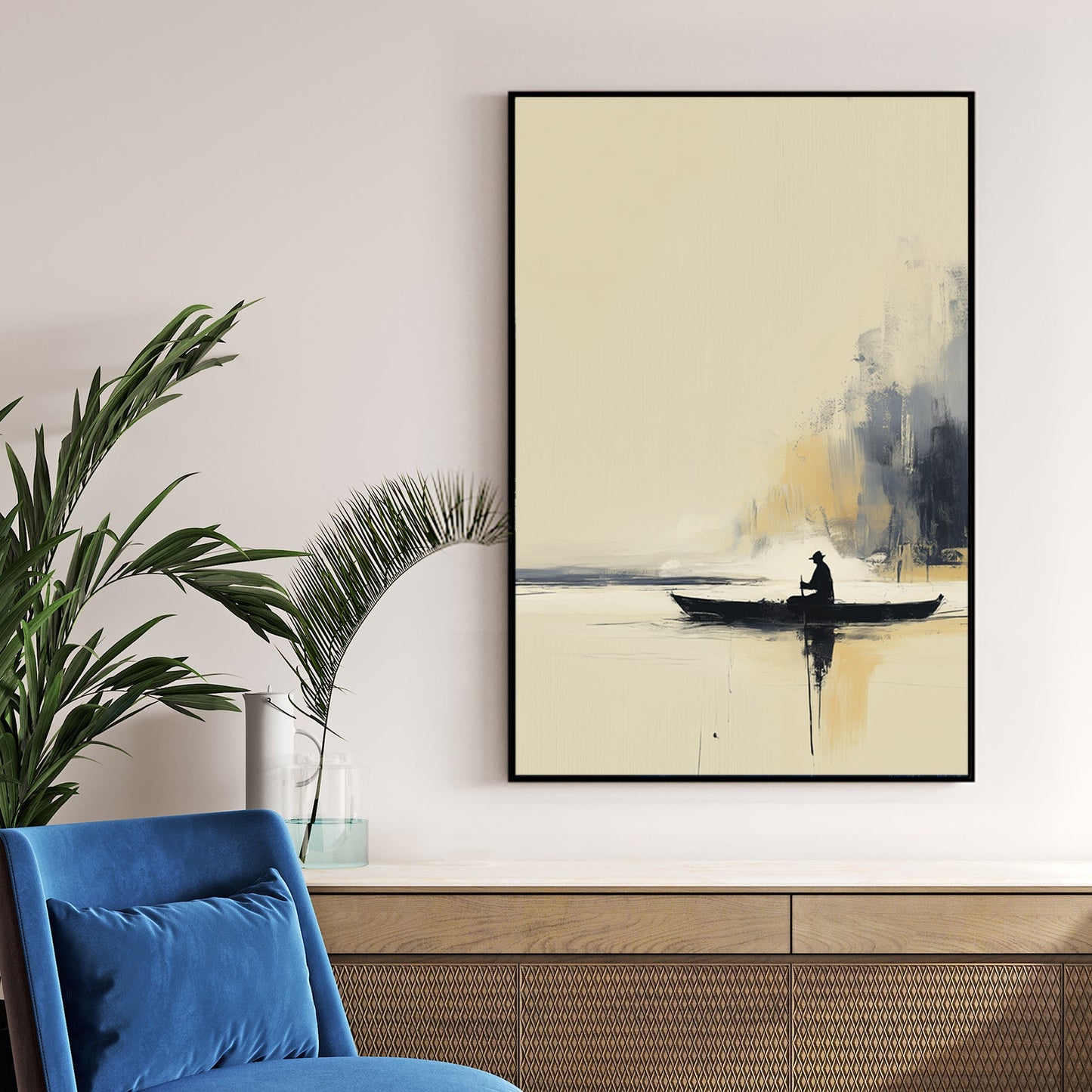 minimal lake boat wall art with lone figure paddling on calm water against a misty golden backdrop