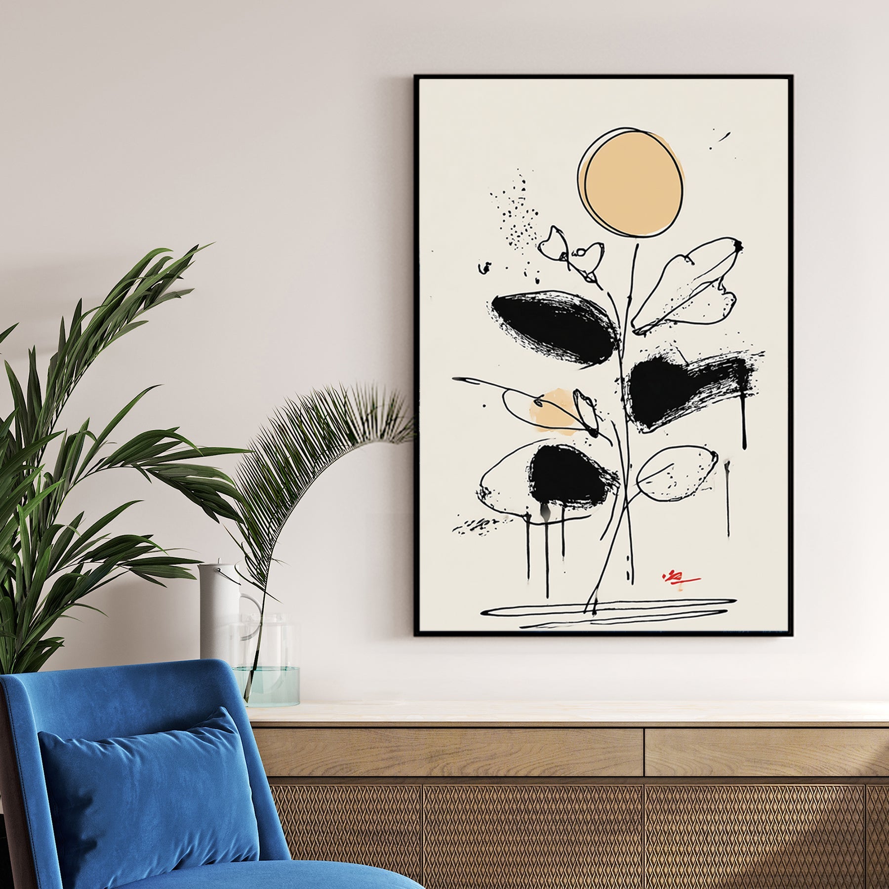 abstract floral line drawing wall art with black brushstrokes and beige accents