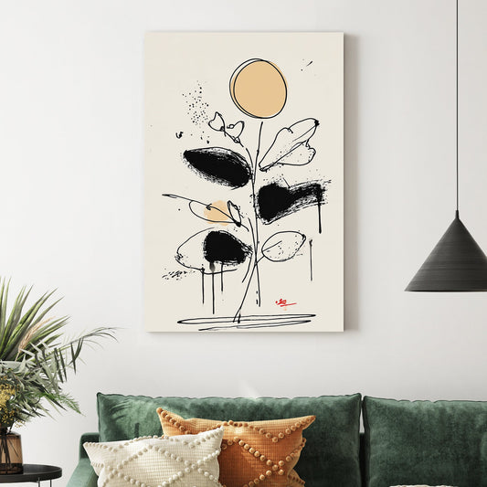 abstract floral line drawing wall art with black brushstrokes and beige accents