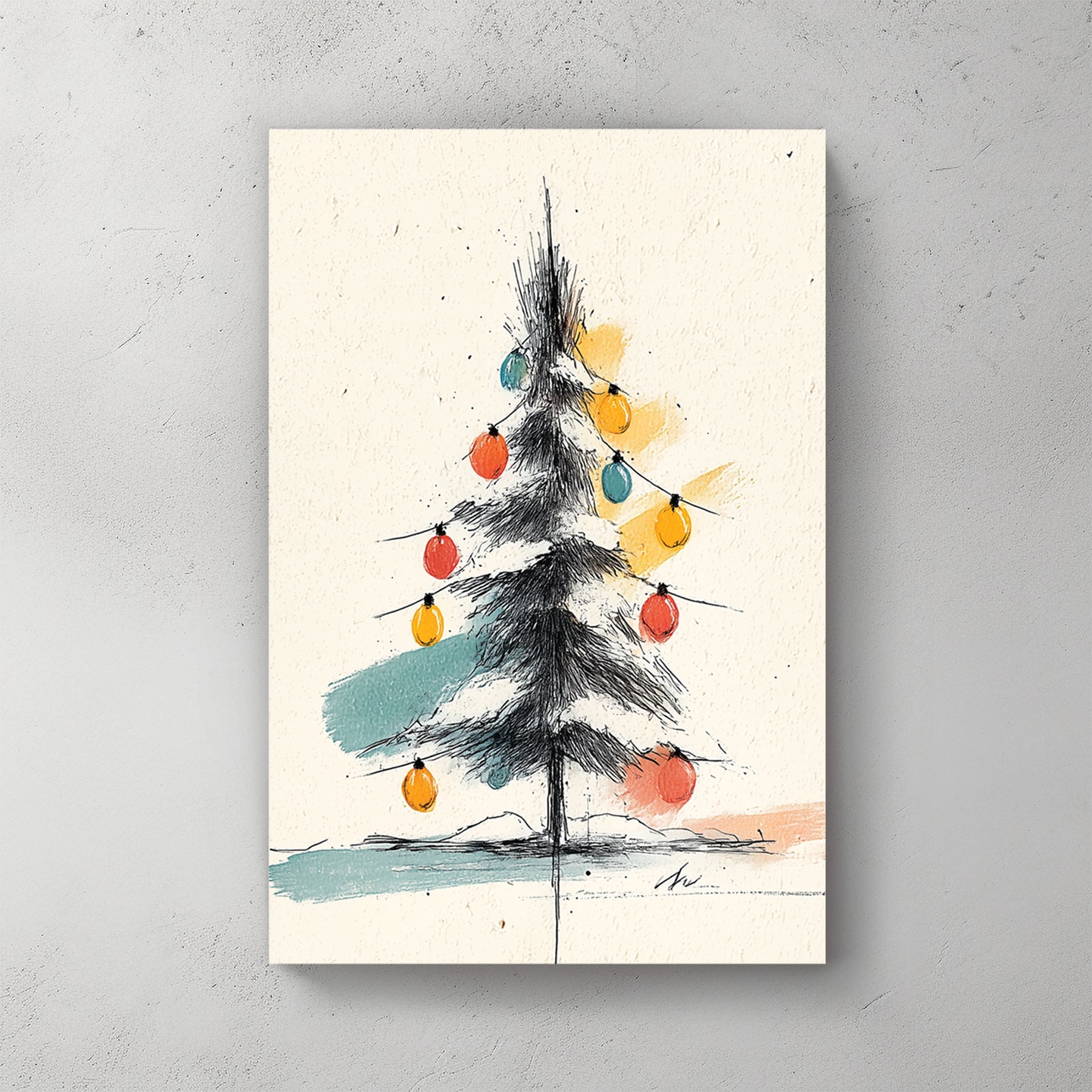 minimalist Christmas tree sketch wall art with colourful ornaments and ink line drawing