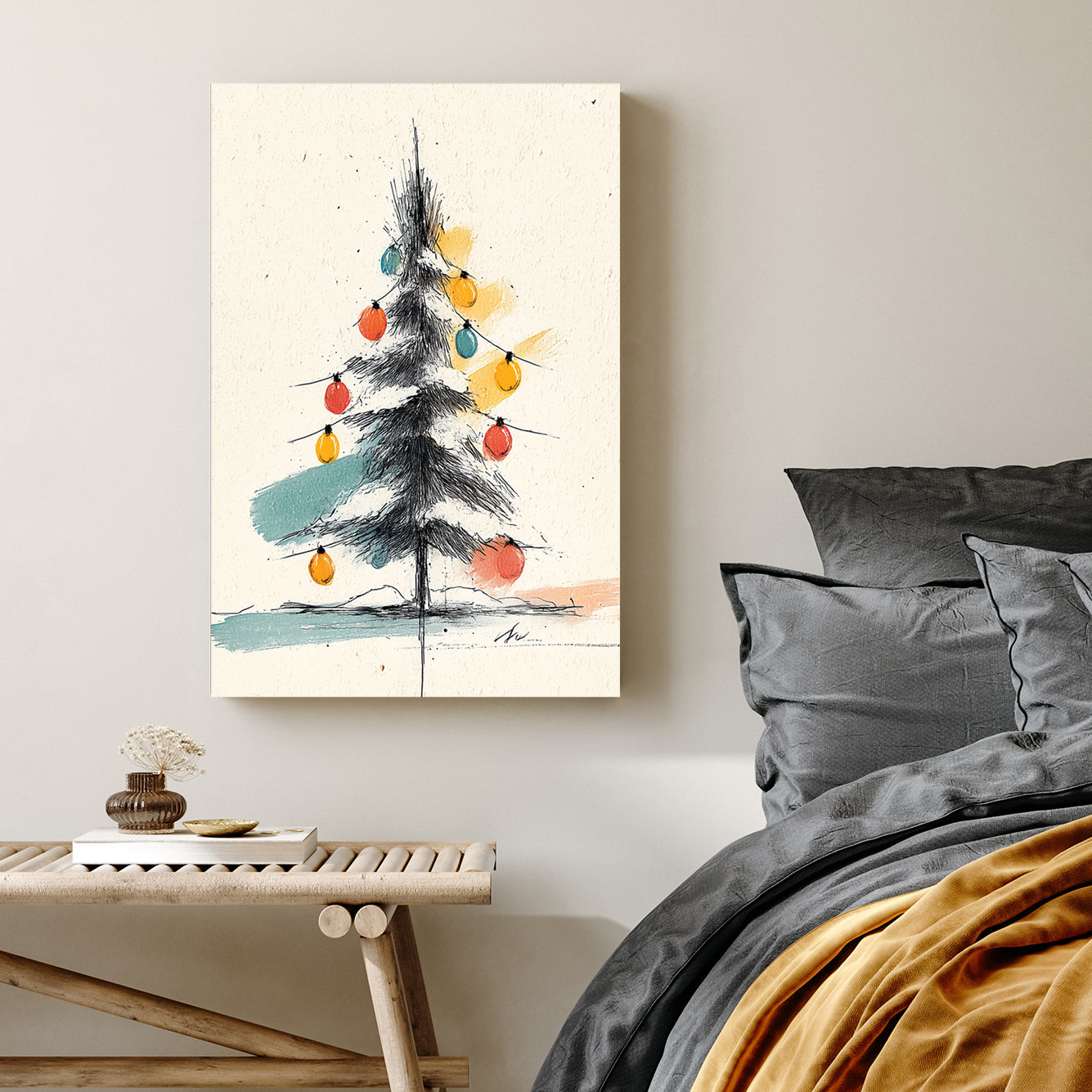 minimalist Christmas tree sketch wall art with colourful ornaments and ink line drawing