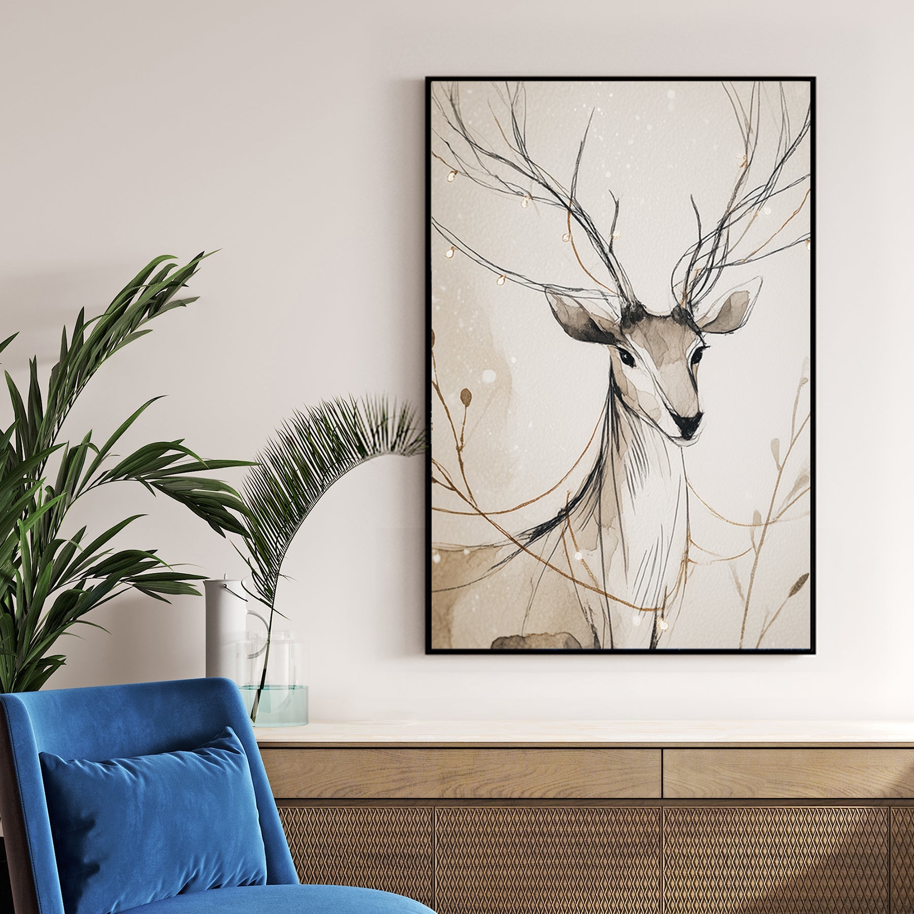 elegant deer illustration wall art with golden string lights and soft neutral watercolour background