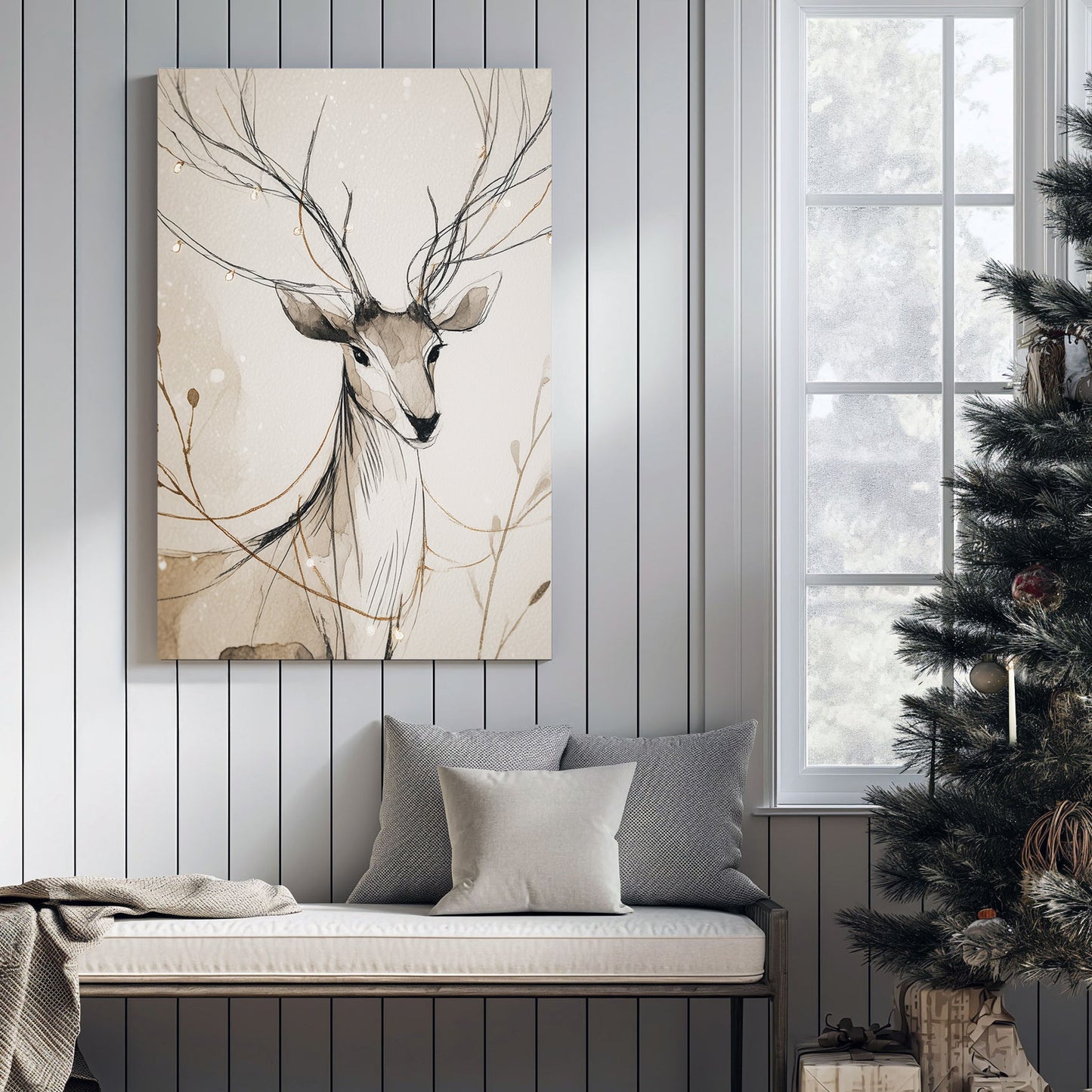 elegant deer illustration wall art with golden string lights and soft neutral watercolour background