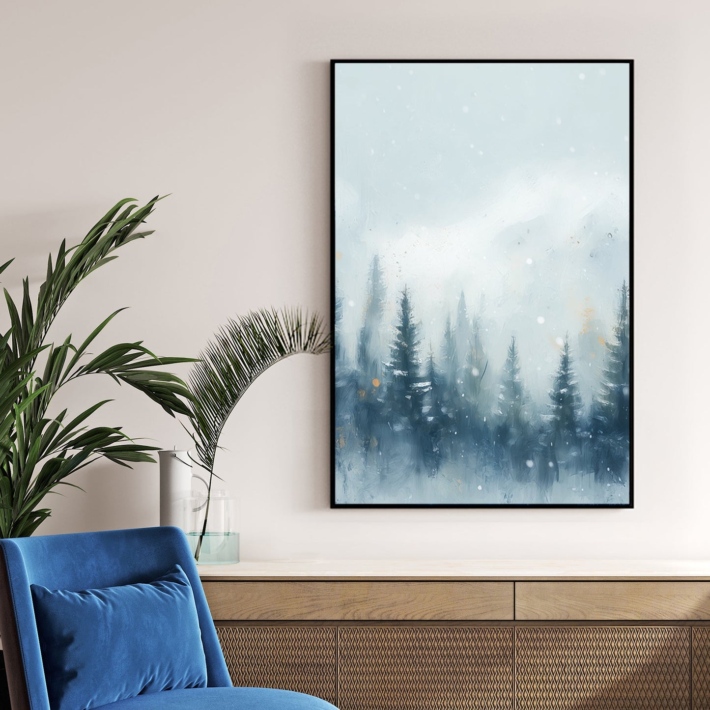 misty pine forest snowfall winter landscape wall art with soft mountain backdrop