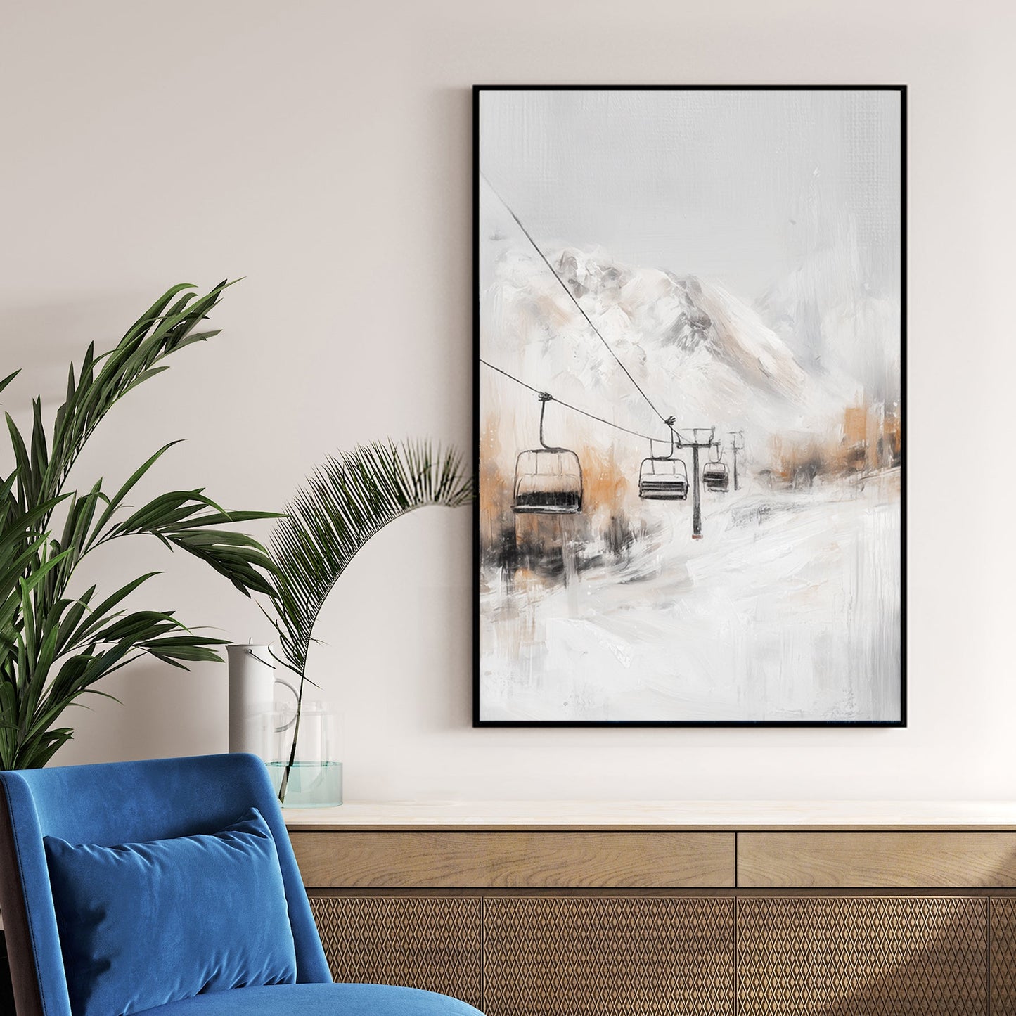 alpine ski lift winter mountain landscape wall art in soft neutral tones