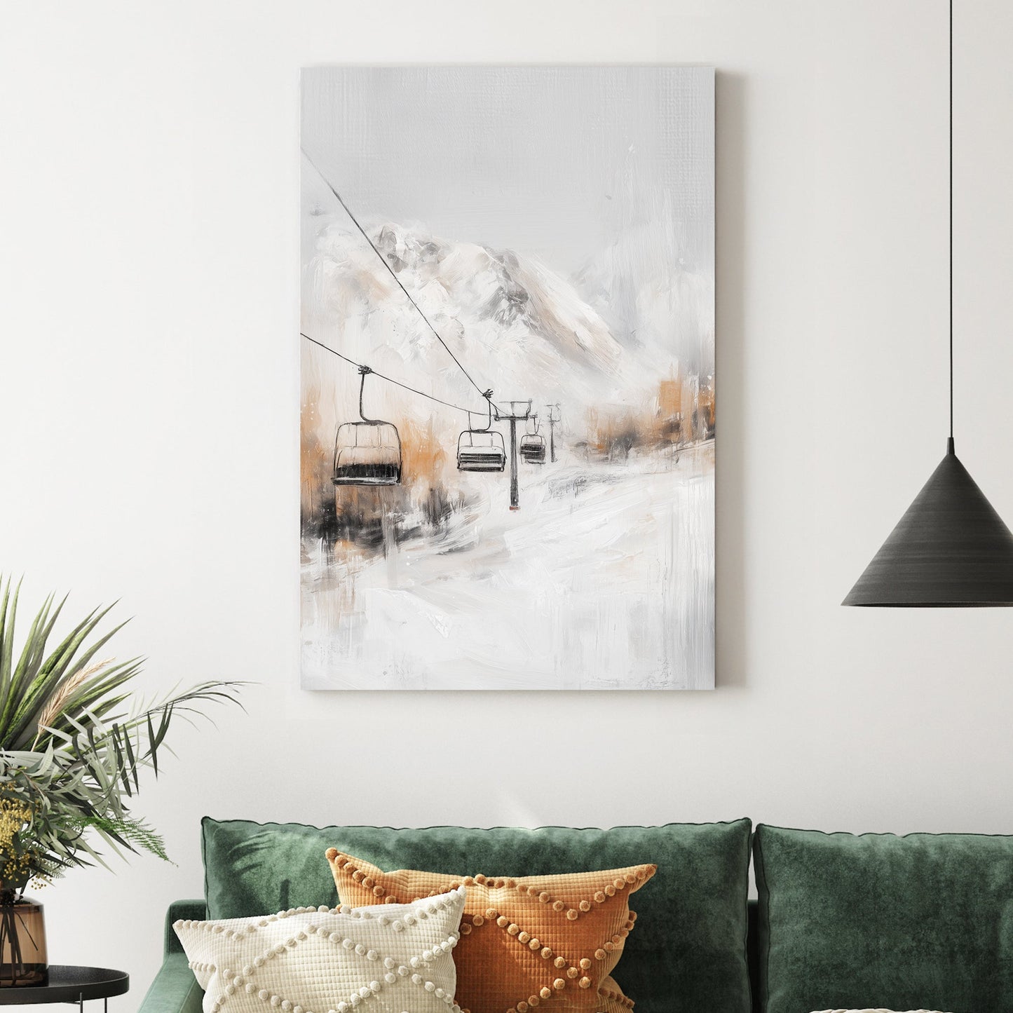 alpine ski lift winter mountain landscape wall art in soft neutral tones