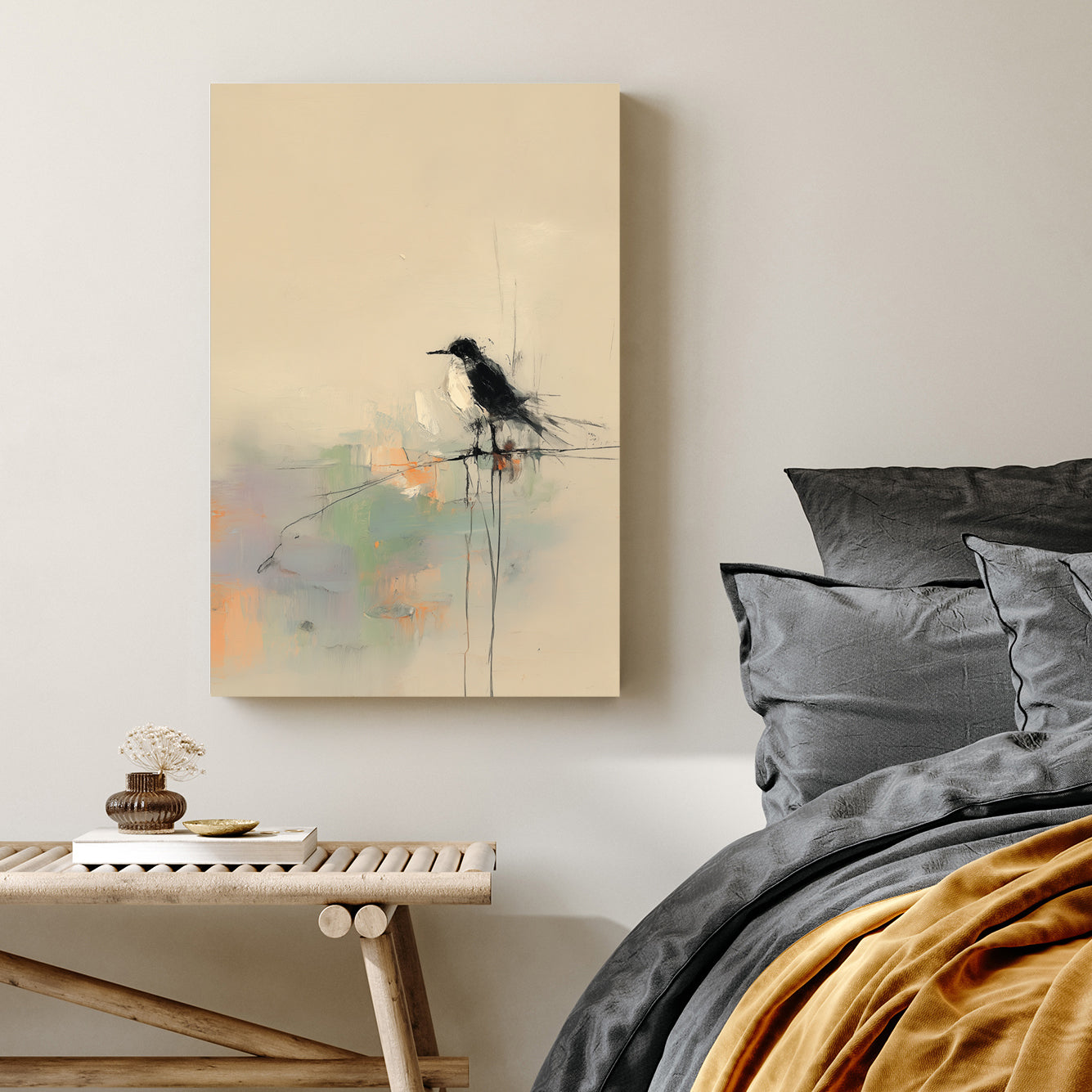 minimalist bird on wire abstract neutral wall art
