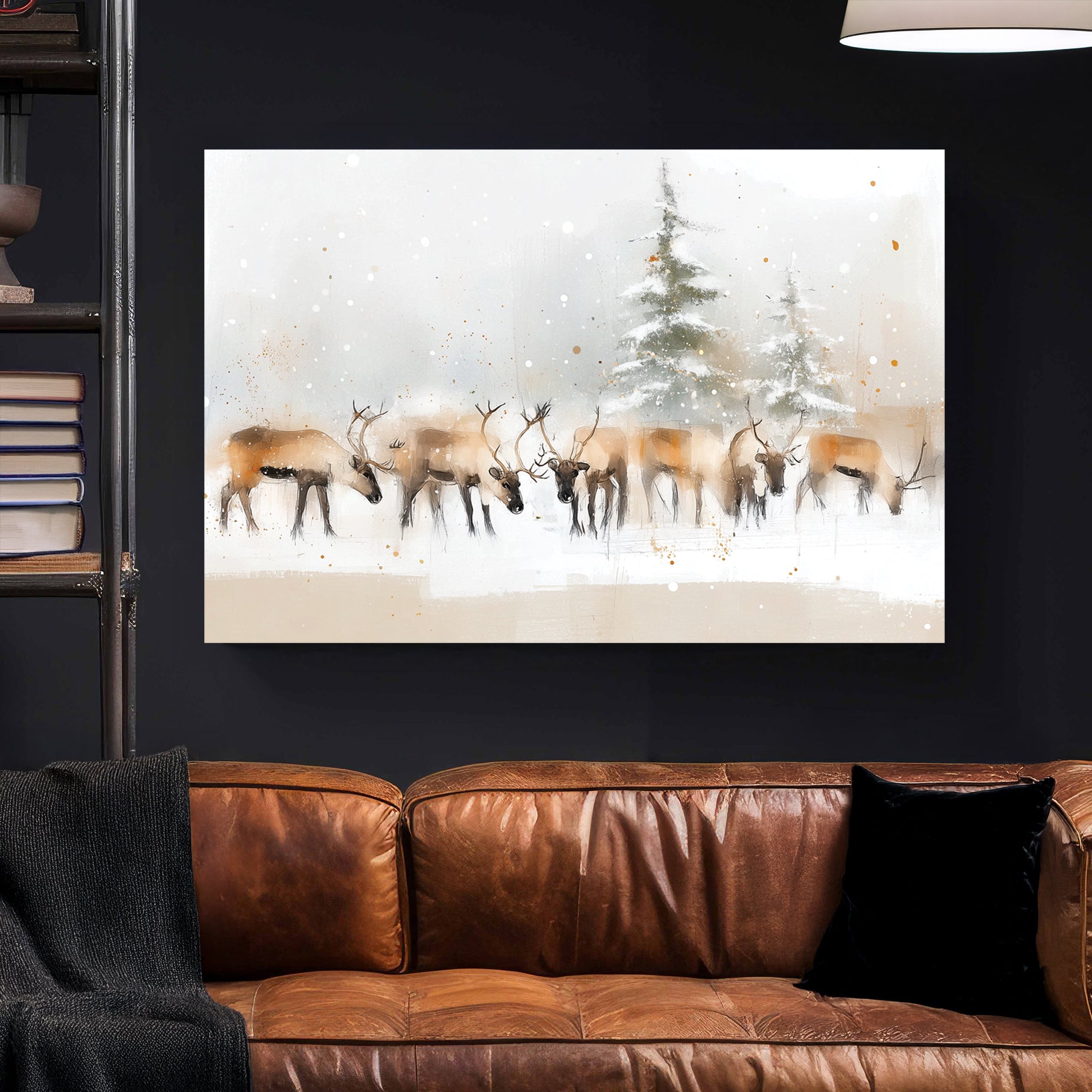 winter reindeer herd snowy forest wall art