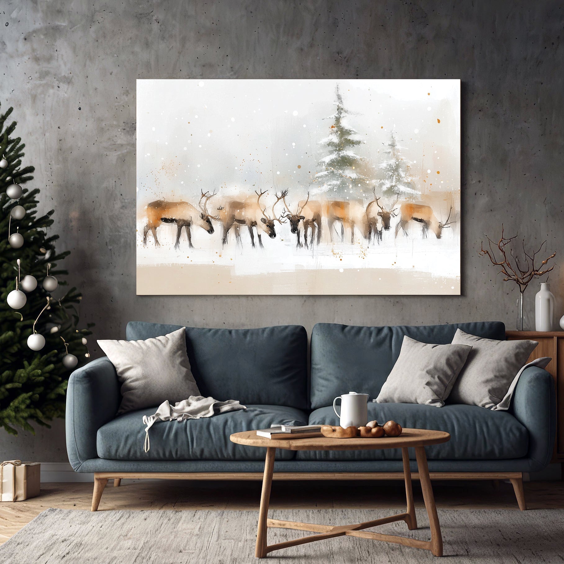 winter reindeer herd snowy forest wall art