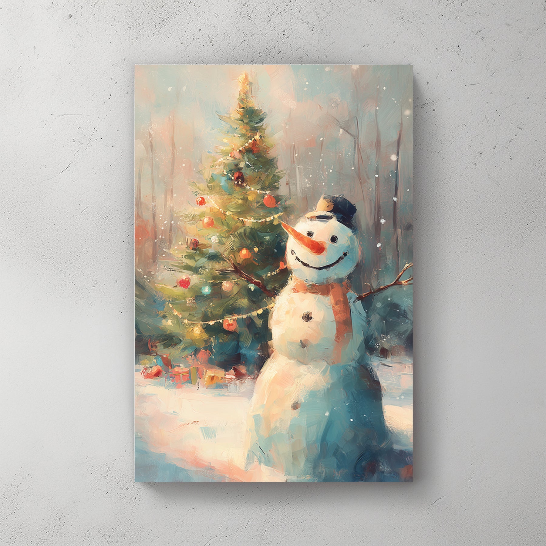 cheerful snowman and Christmas tree winter wall art