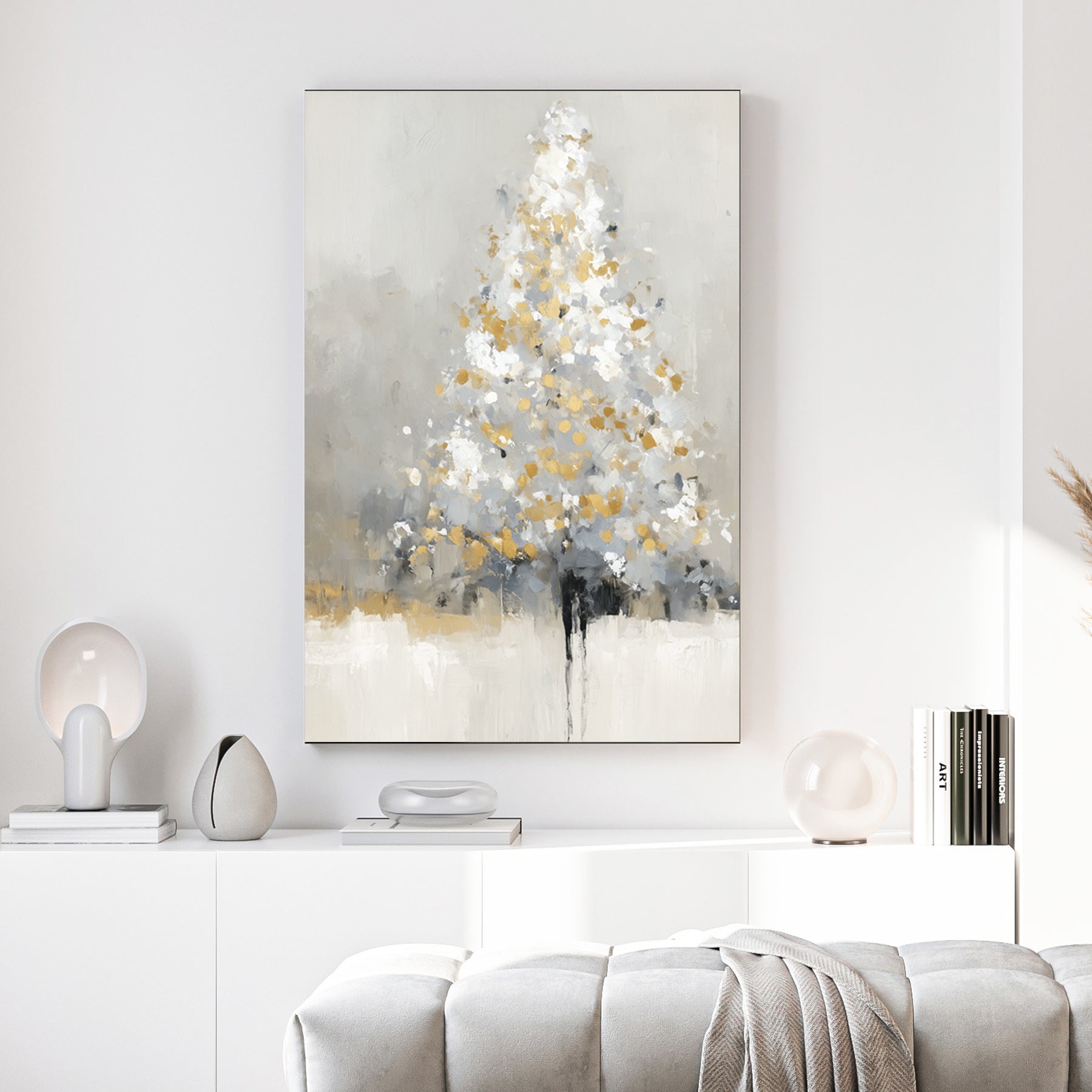 golden frosted Christmas tree abstract winter wall art