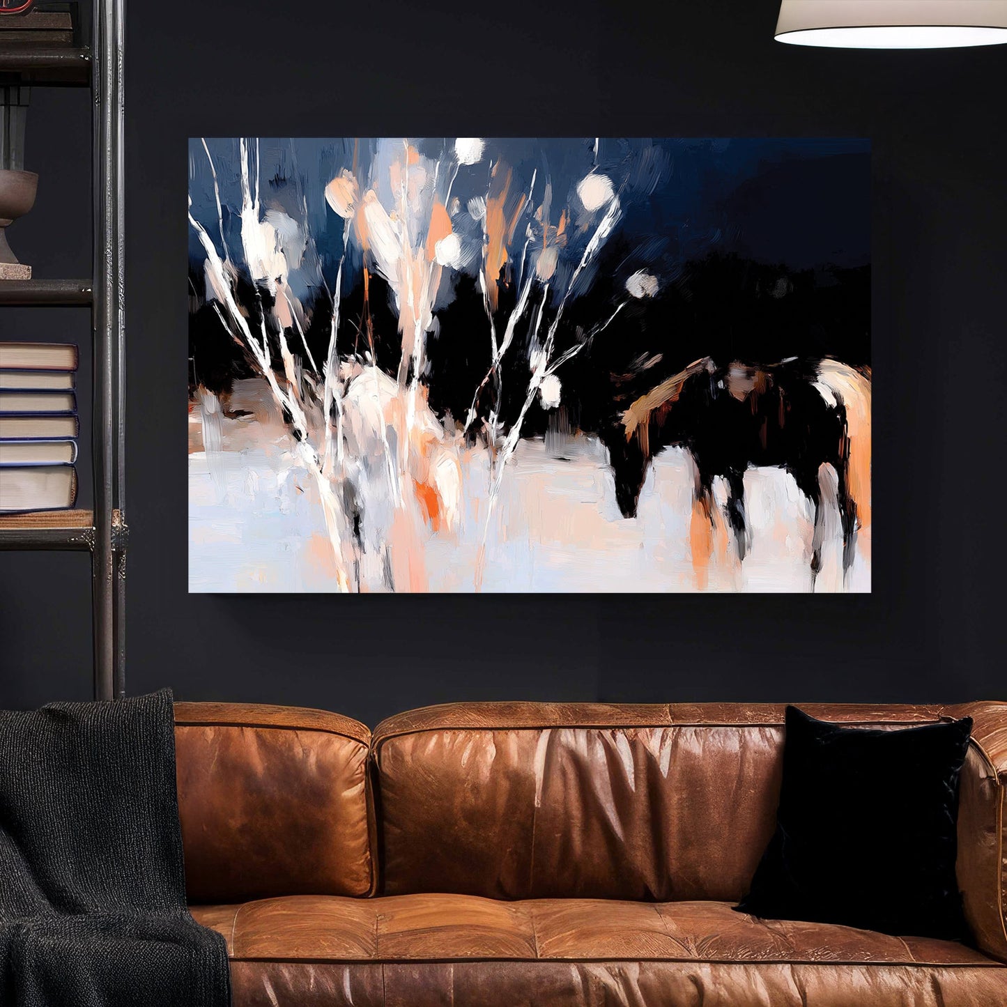 abstract winter horses grazing at night wall art