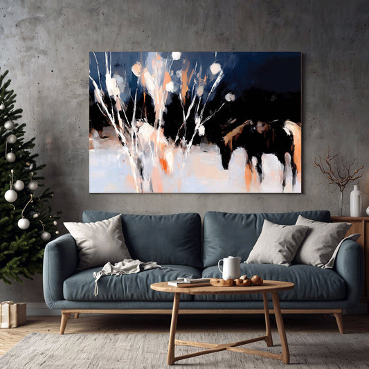 abstract winter horses grazing at night wall art