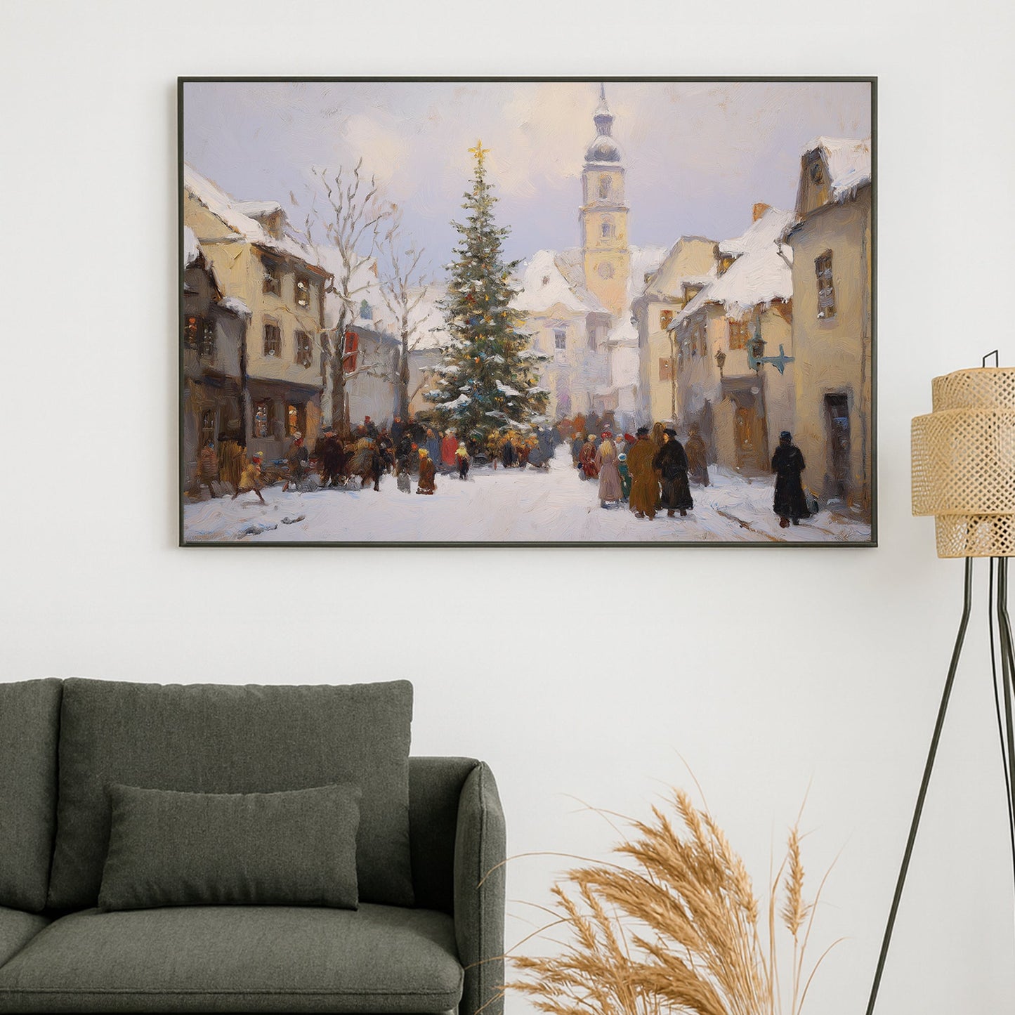 vintage Christmas village gathering winter wall art