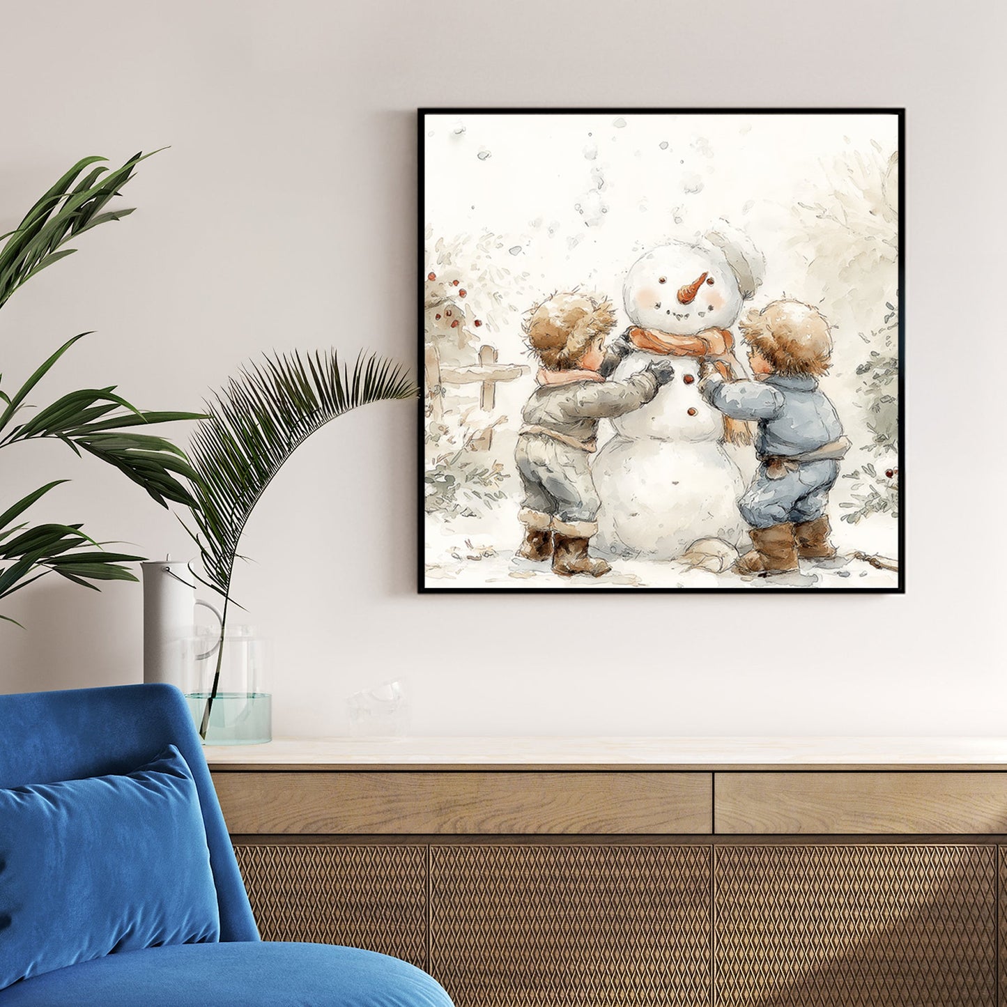 cozy kids building snowman holiday wall art