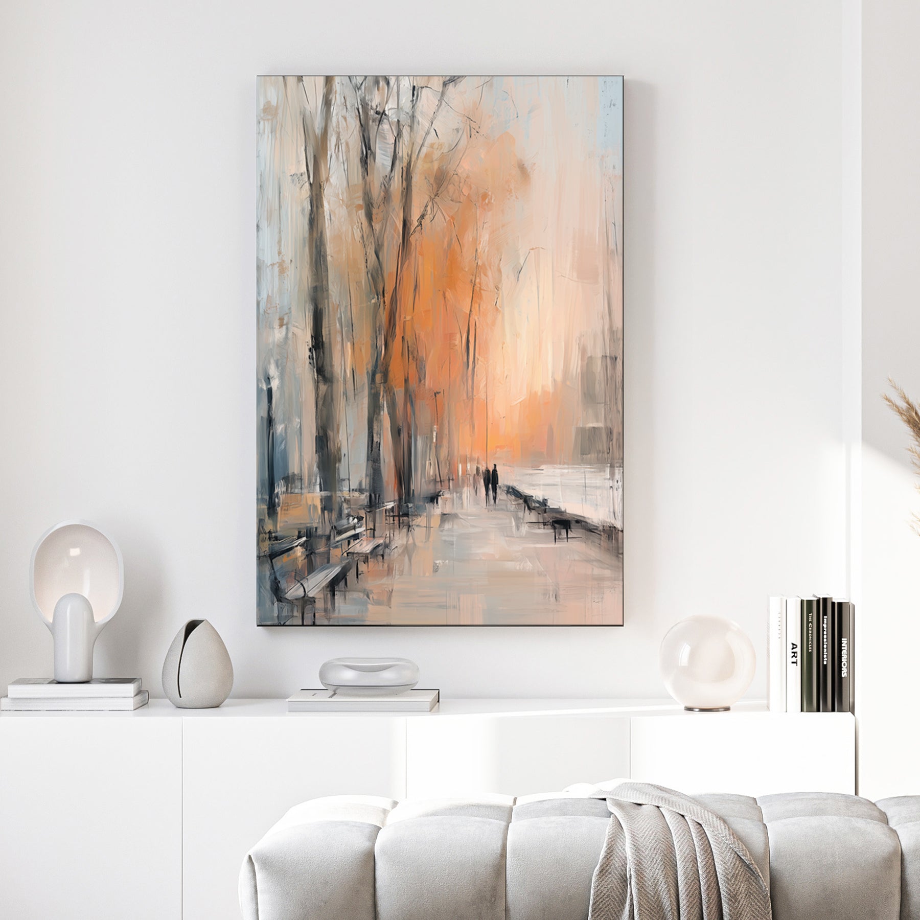 abstract autumn park scene wall art with benches and figures