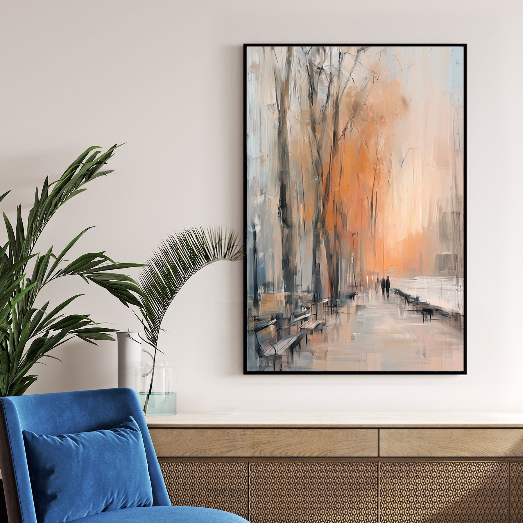 abstract autumn park scene wall art with benches and figures