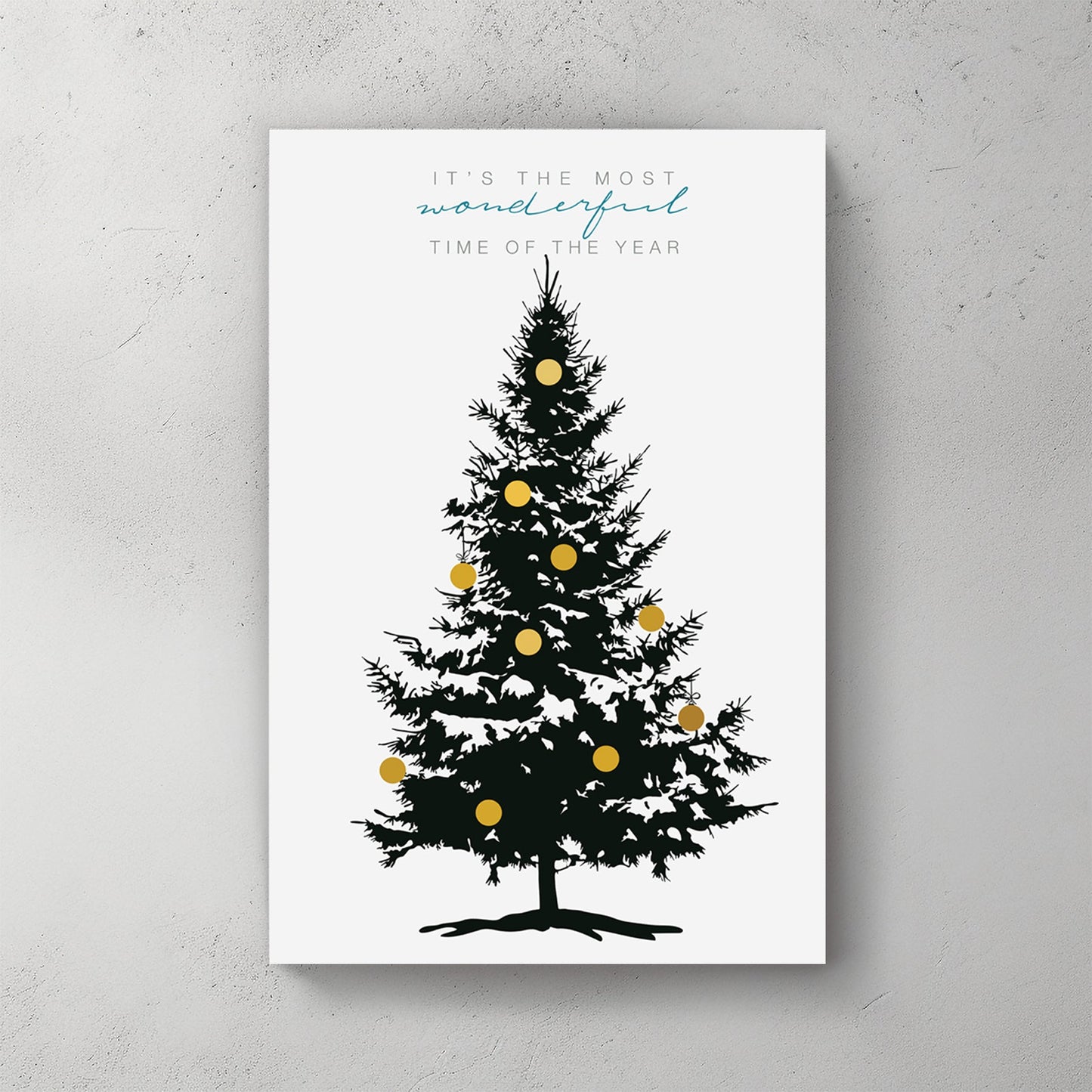 minimalist Christmas tree wall art print with golden ornaments