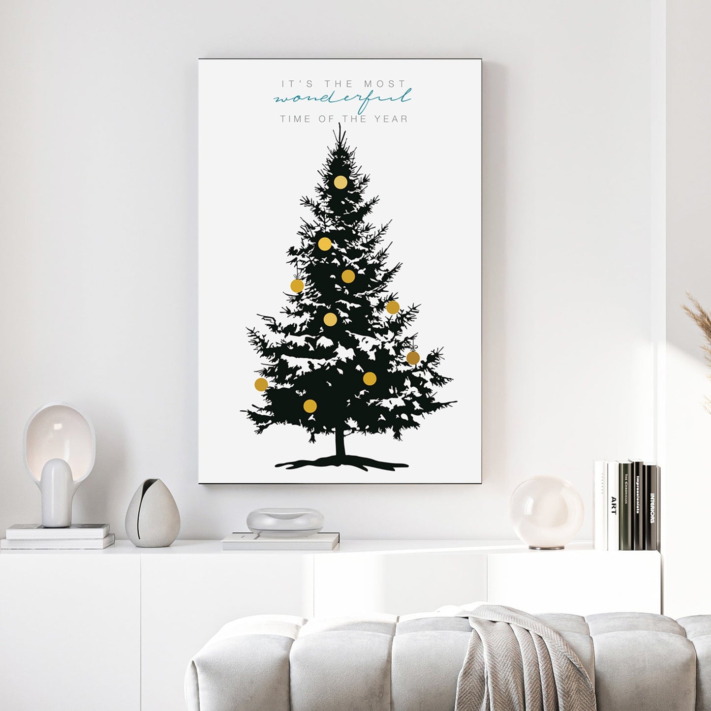minimalist Christmas tree wall art print with golden ornaments