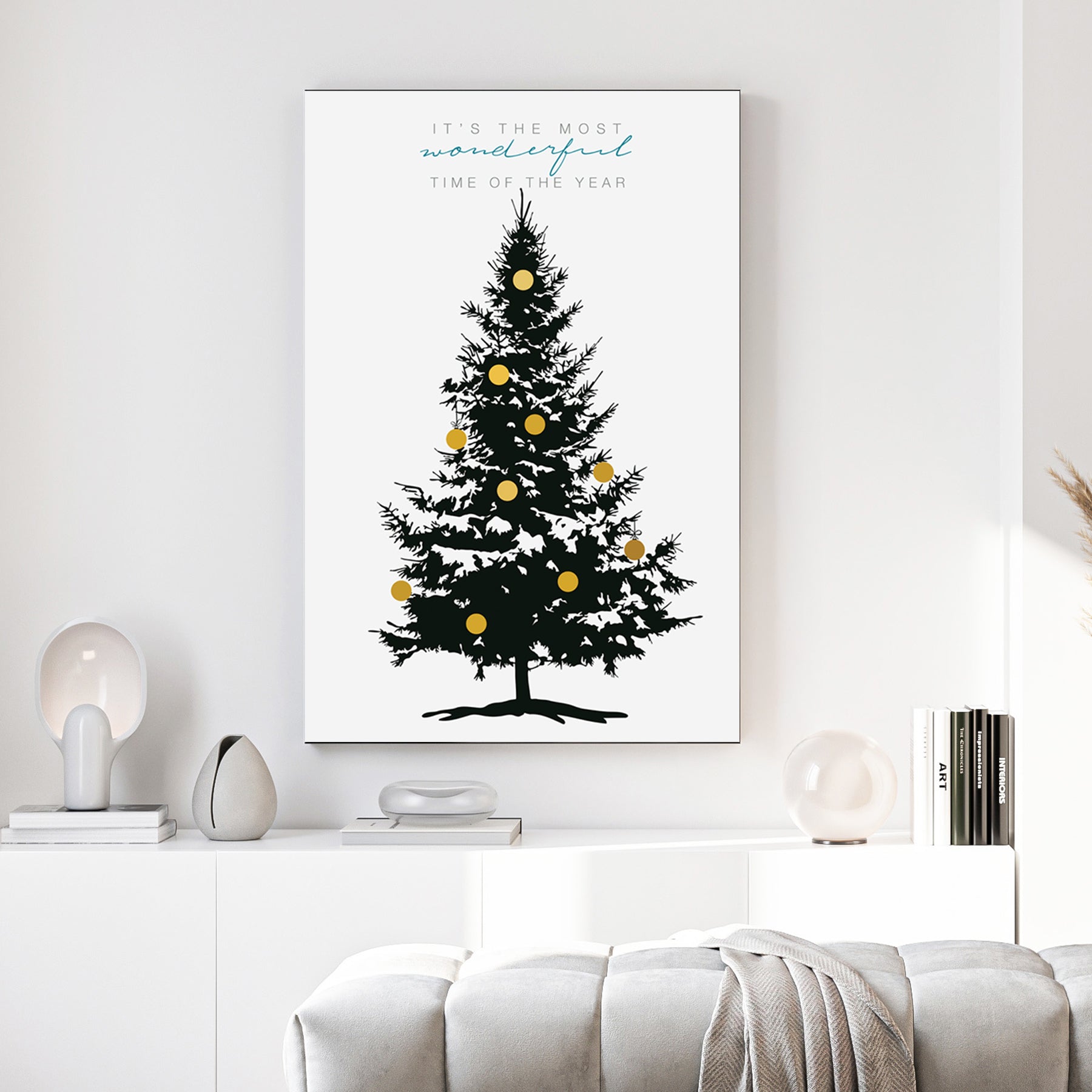 minimalist Christmas tree wall art print with golden ornaments