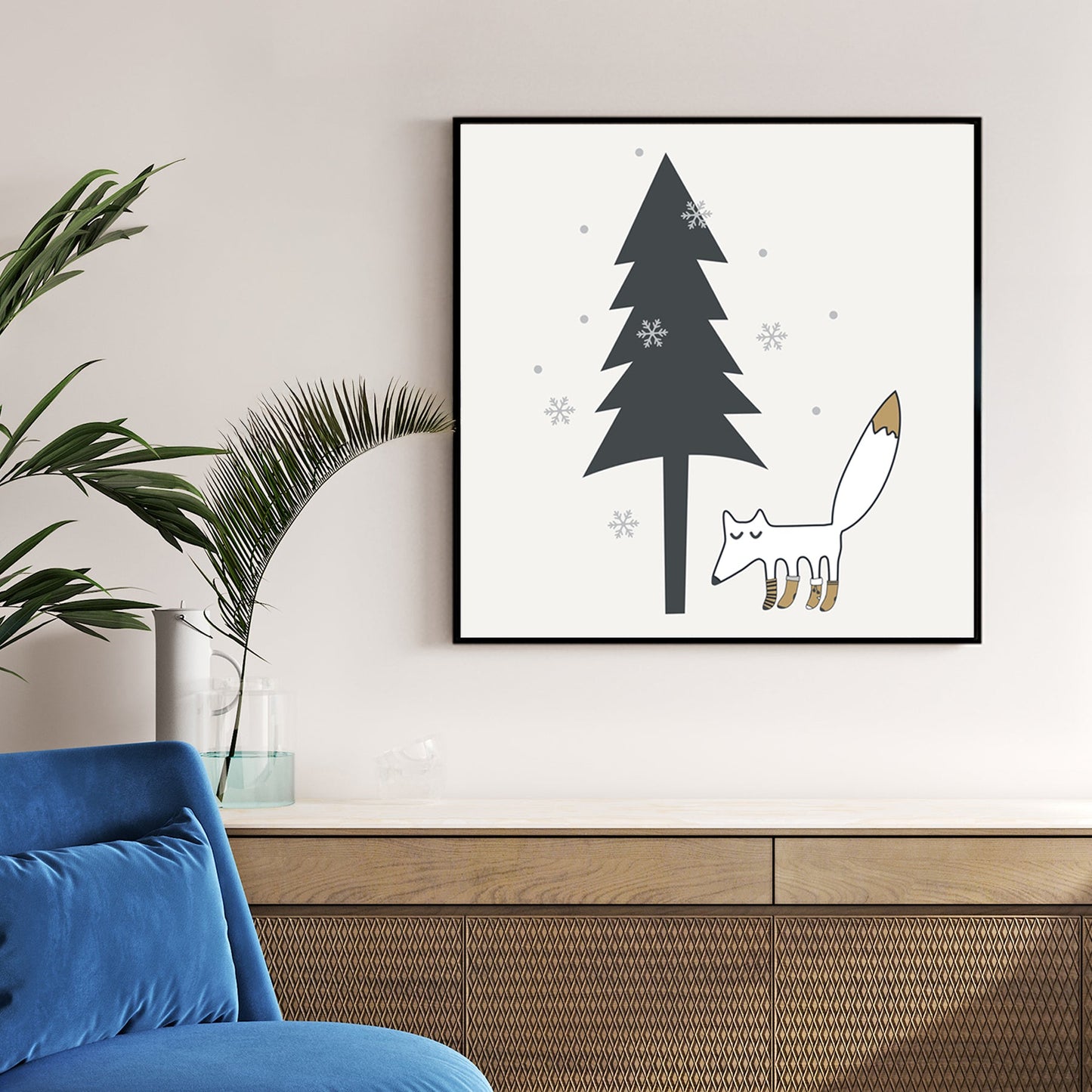 whimsical woodland fox winter wall art with pine tree
