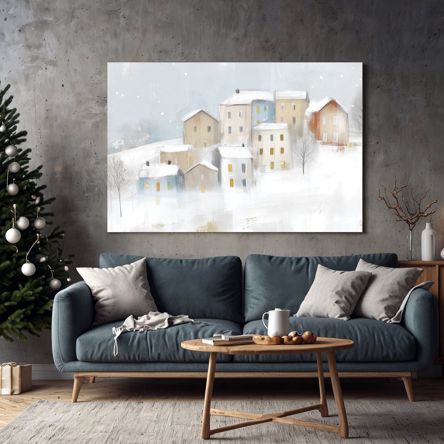 snowy winter village holiday wall art print