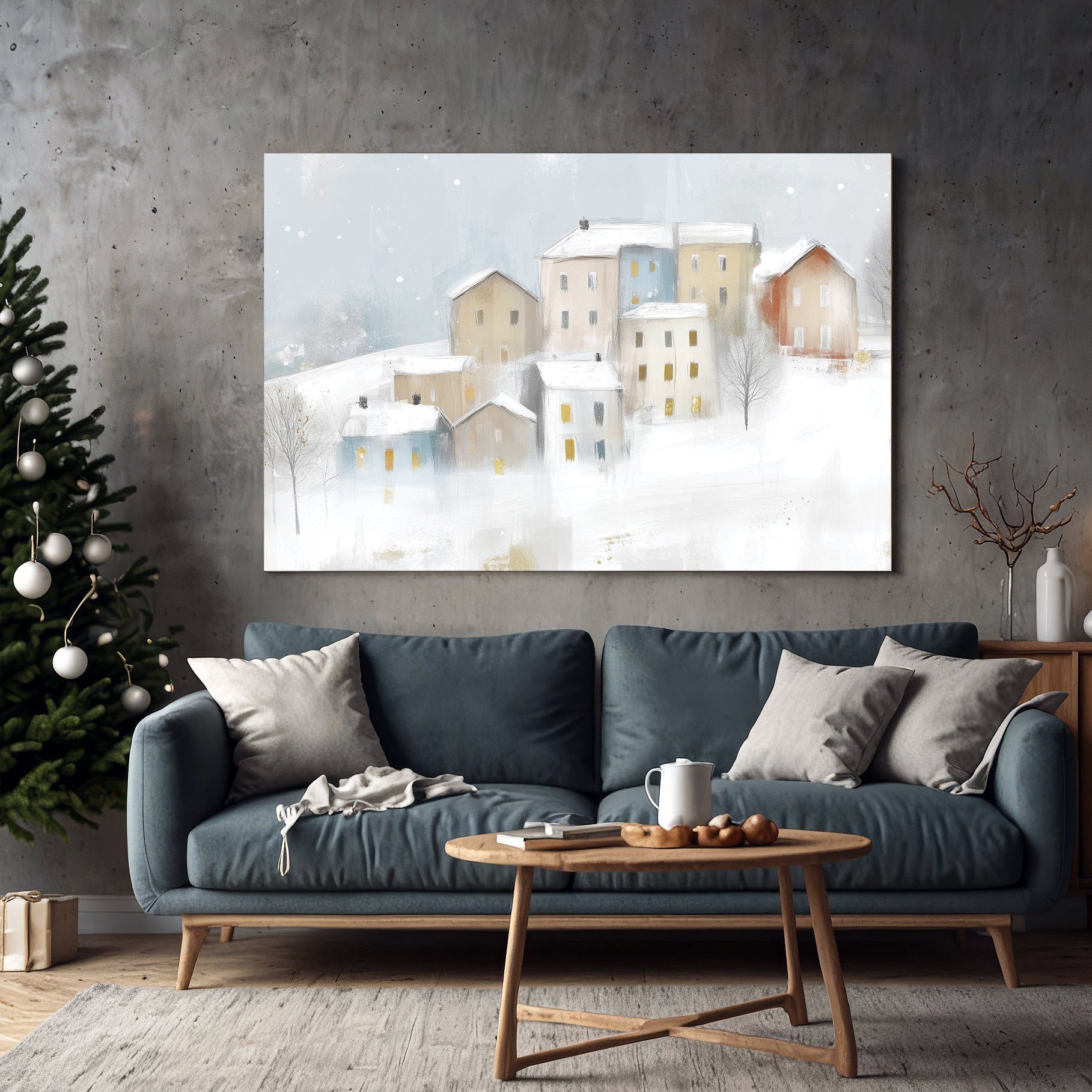 snowy winter village holiday wall art print