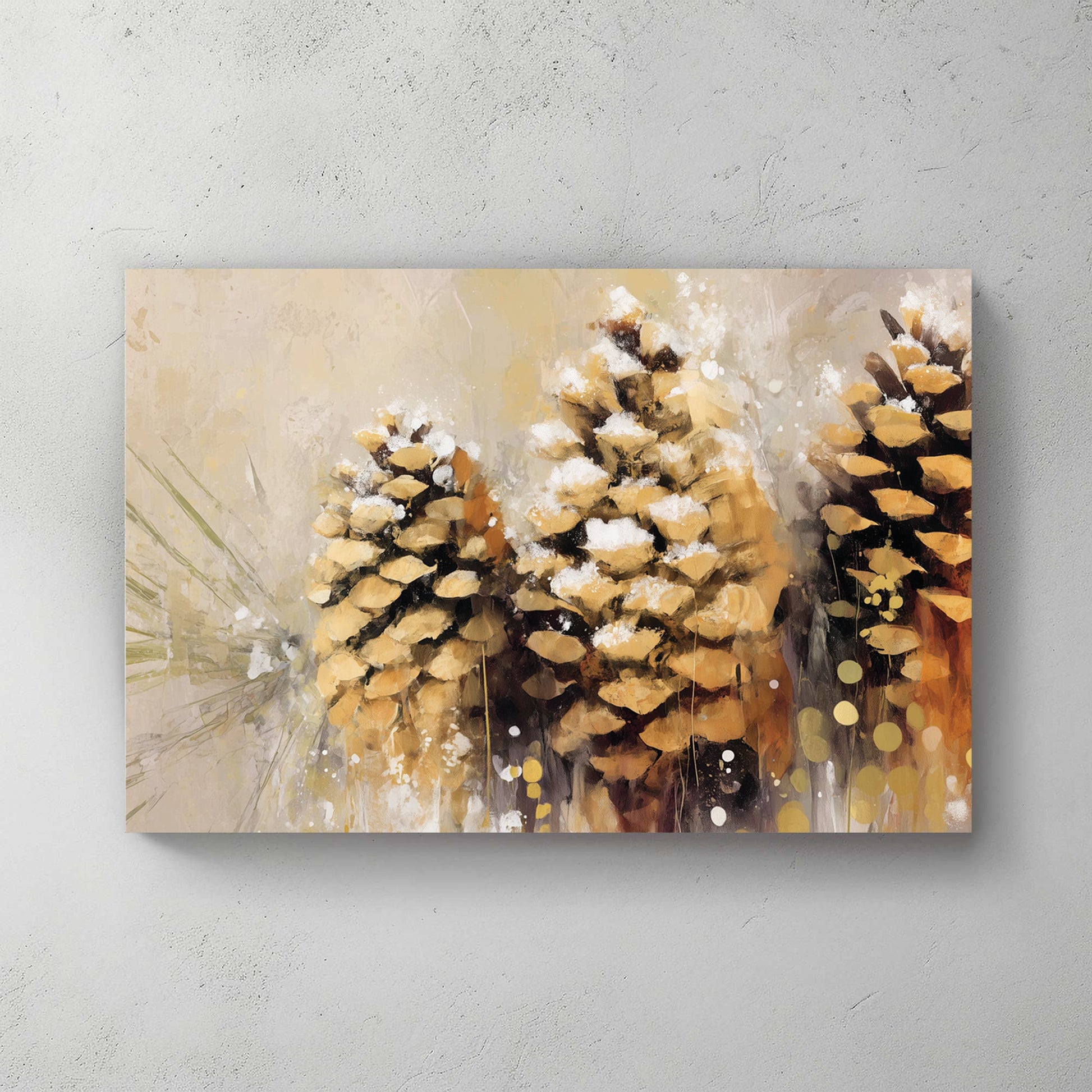 rustic pinecone winter wall art print with snowy texture