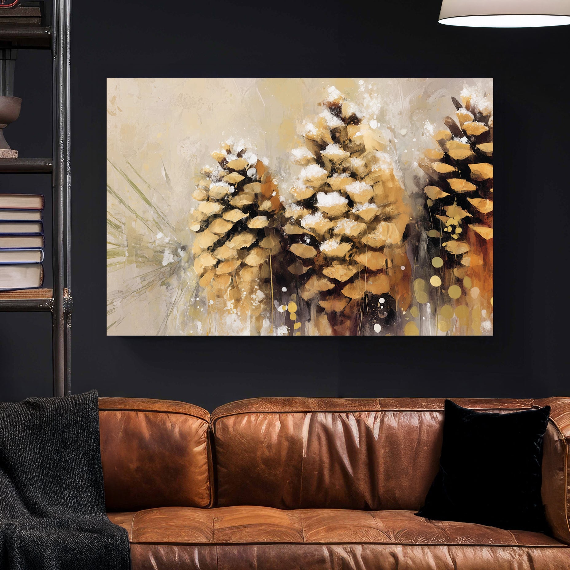 rustic pinecone winter wall art print with snowy texture