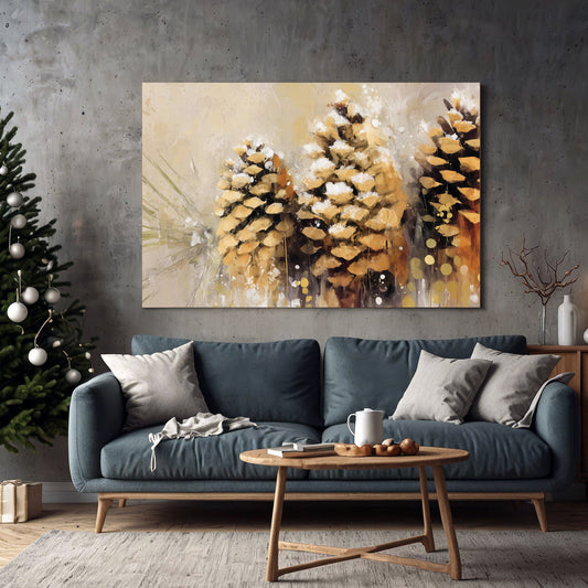 rustic pinecone winter wall art print with snowy texture