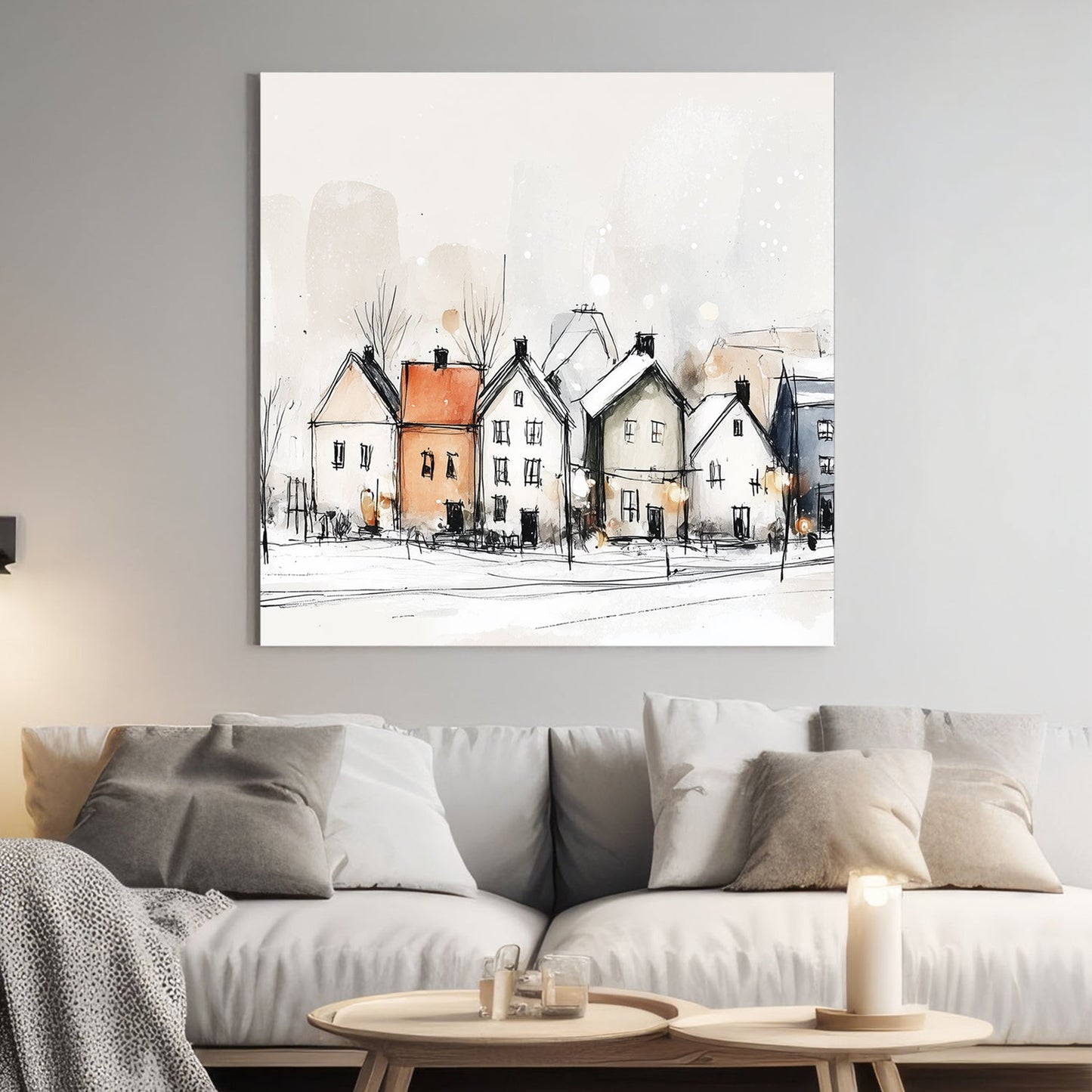 minimalist snowy village wall art sketch print