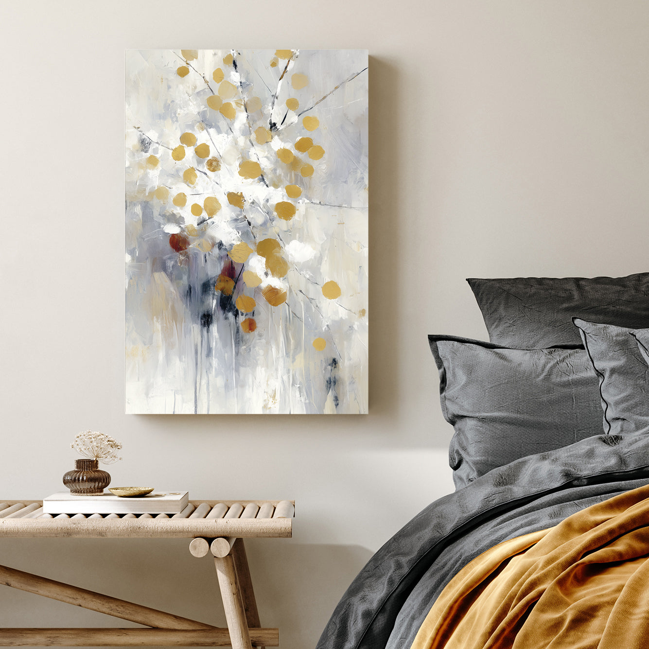 abstract gold and white wall art with modern brushstrokes