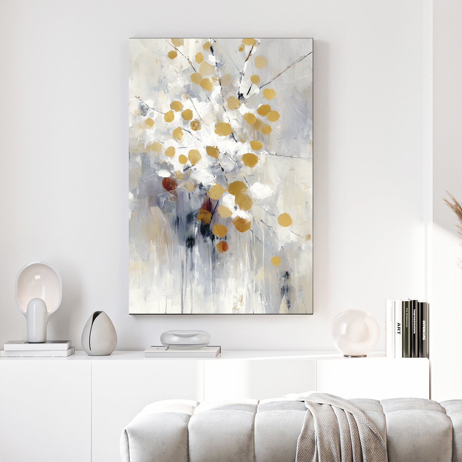 abstract gold and white wall art with modern brushstrokes
