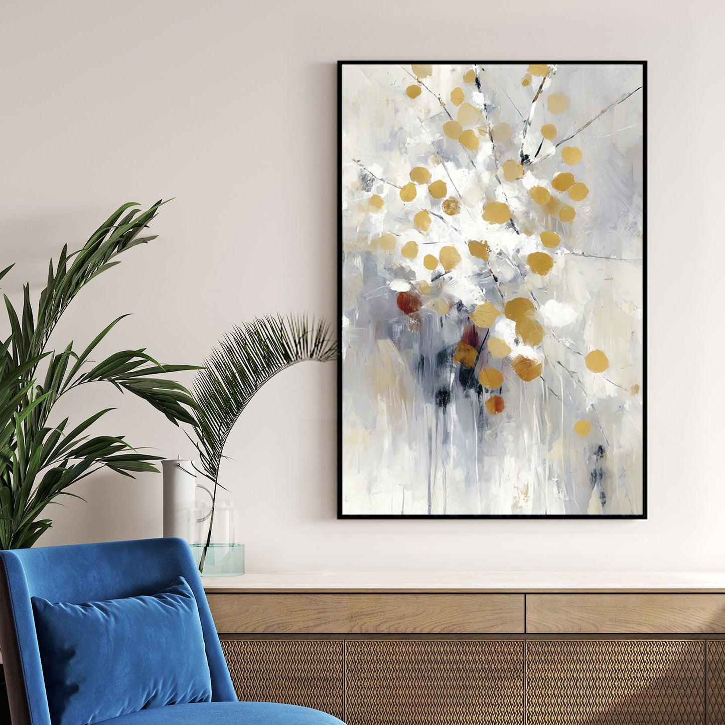 abstract gold and white wall art with modern brushstrokes