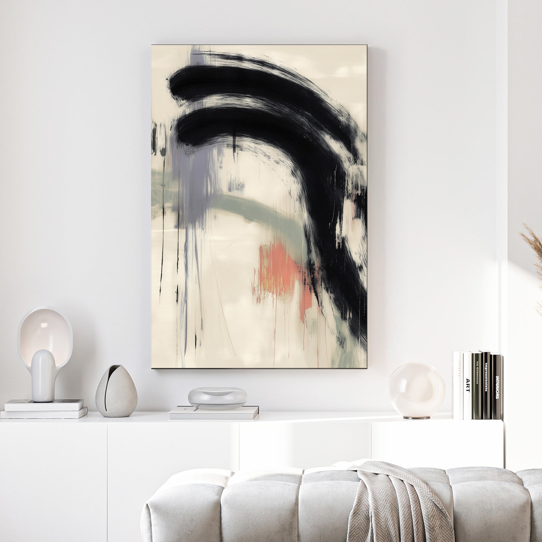 minimalist abstract wall art with bold black brushstroke and muted colors