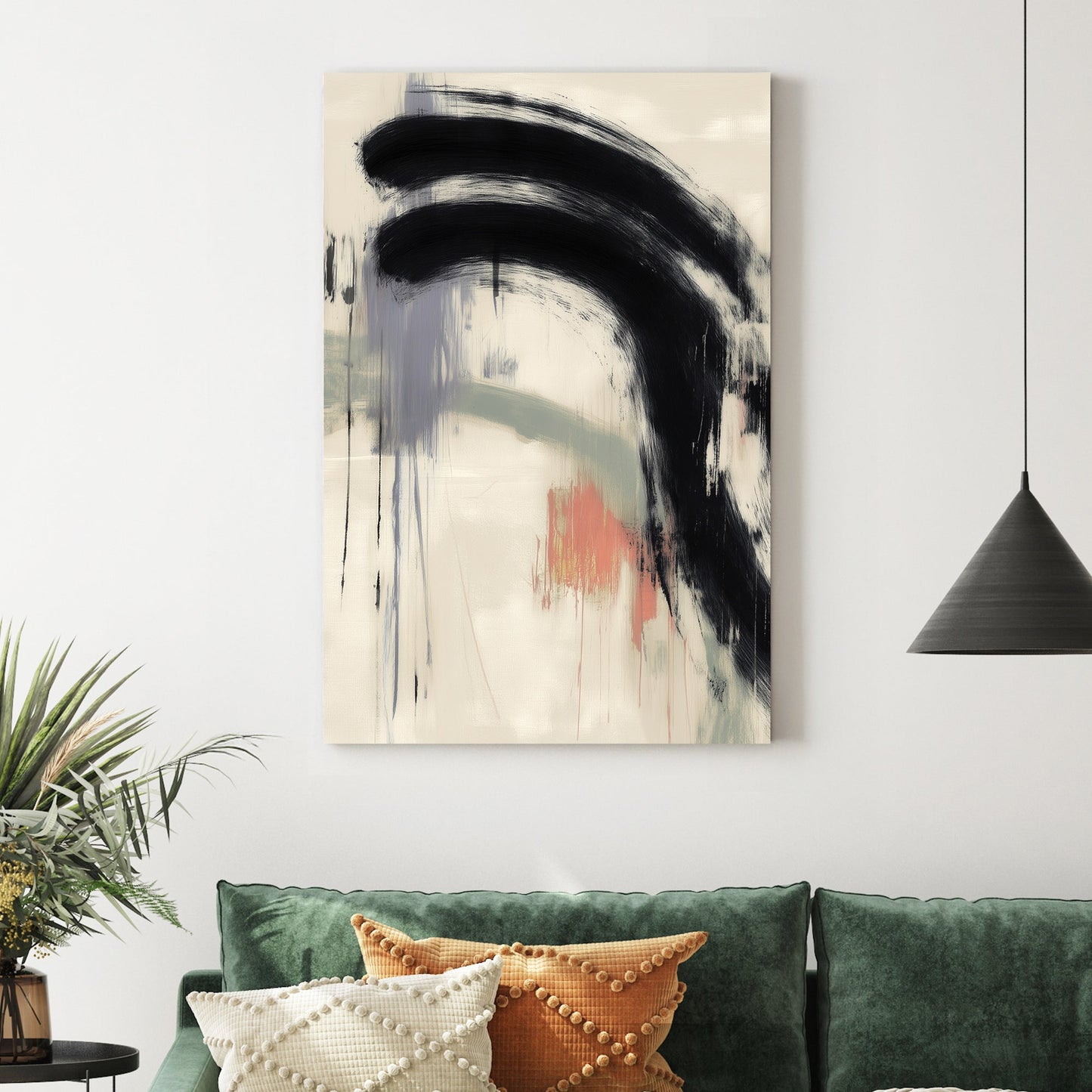 minimalist abstract wall art with bold black brushstroke and muted colors